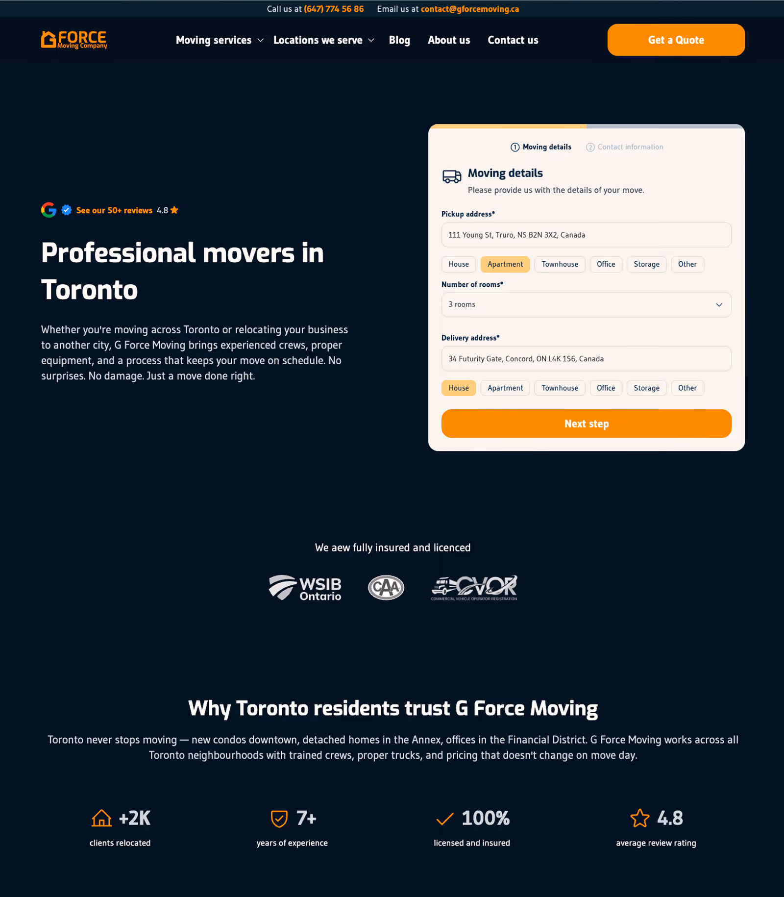 The final quote widget on the Toronto landing page
