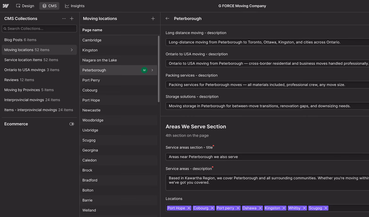 The Webflow CMS with its 8 collections