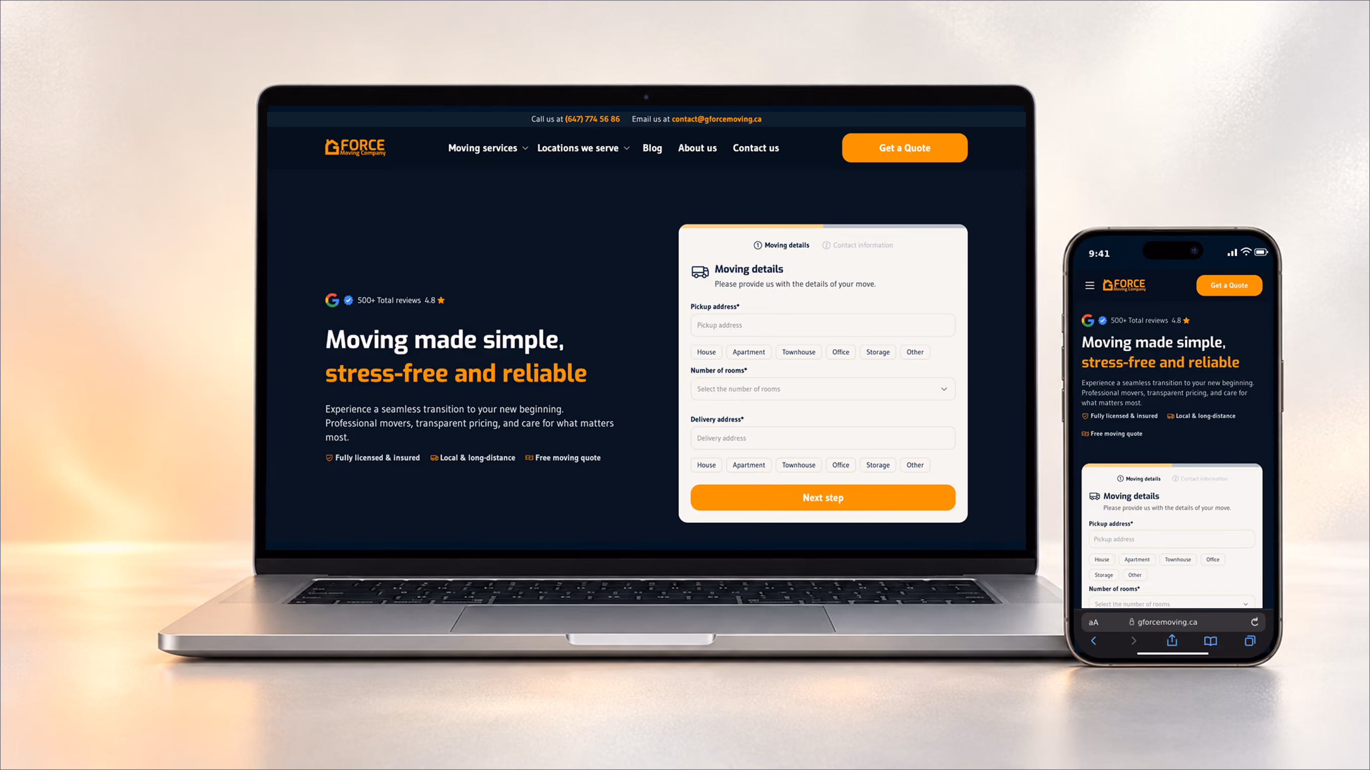 The new G FORCE Moving website on a laptop and a phone