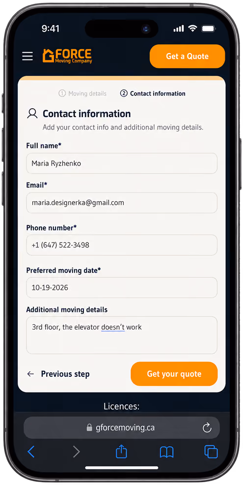 New quote flow, step 2: contact information