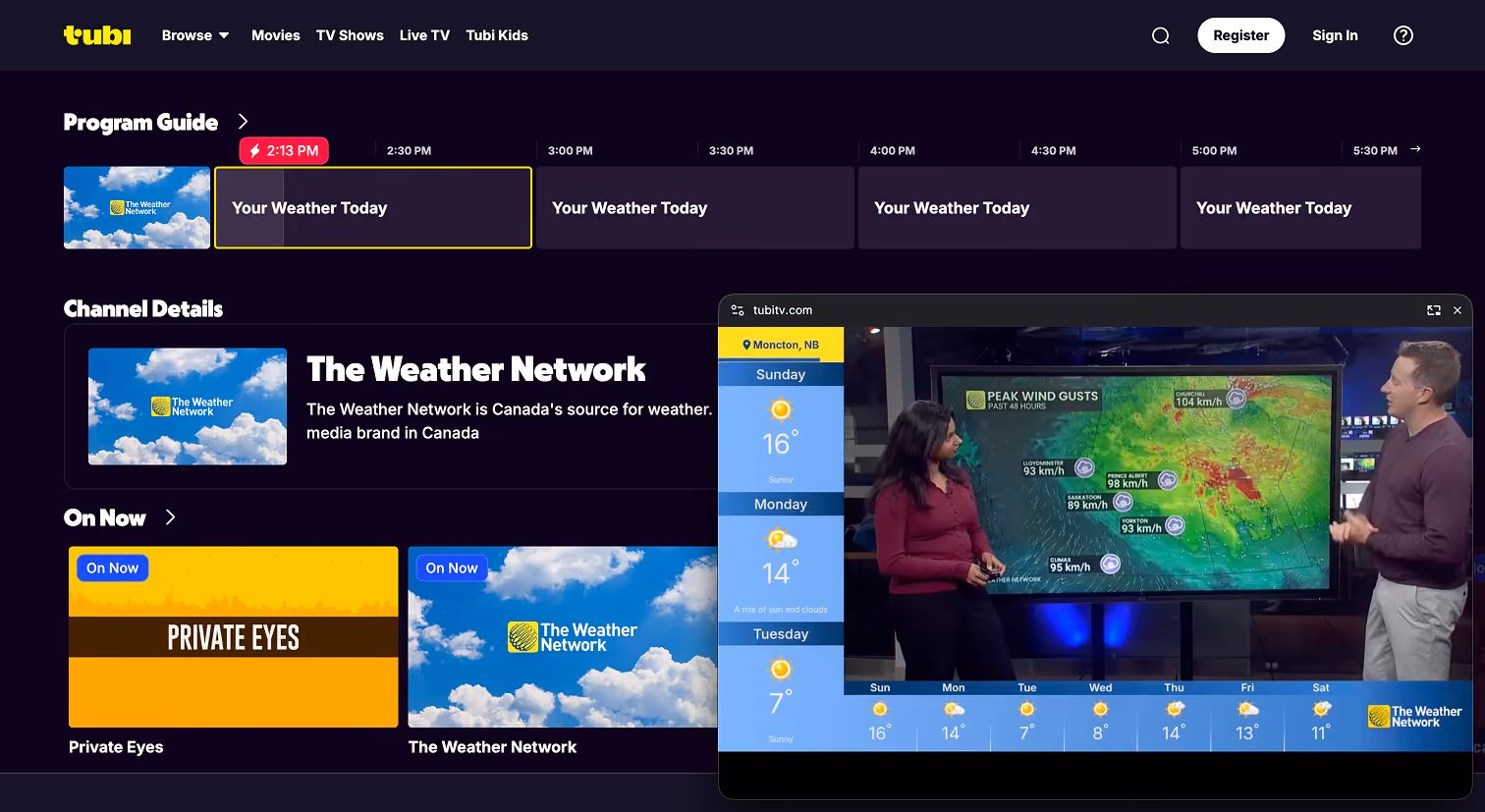 The Weather Network channel page on Tubi, with the shipped solid-gradient L-Bar playing in the preview window
