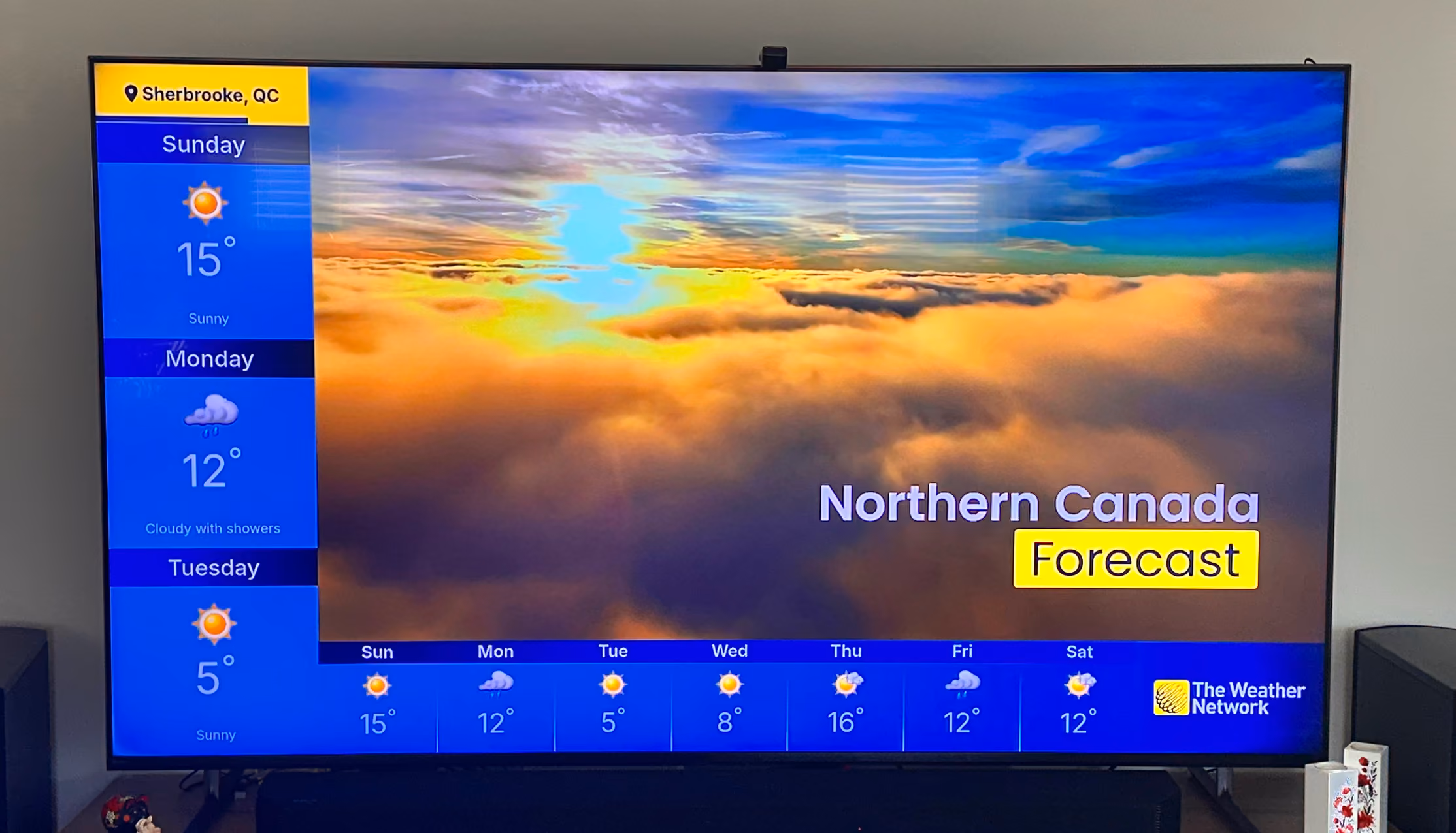 Photo of a TV showing the L-Bar live on Tubi for Sherbrooke, QC, with three days in the column and a seven-day strip