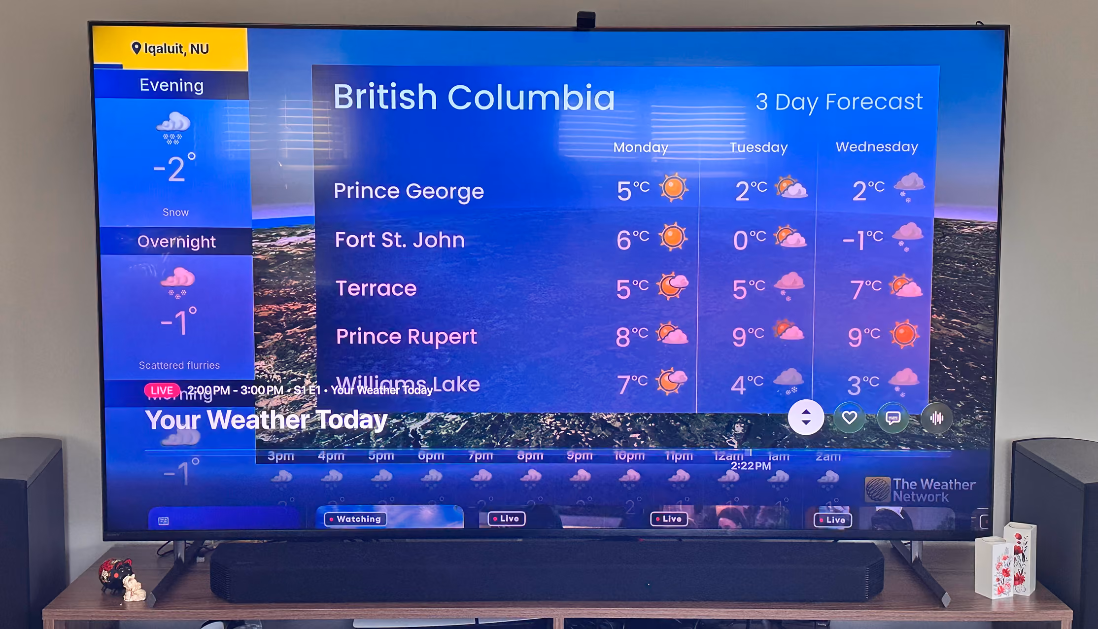 Photo of a TV showing the L-Bar live on Tubi for Sherbrooke, QC, with three days in the column and a seven-day strip