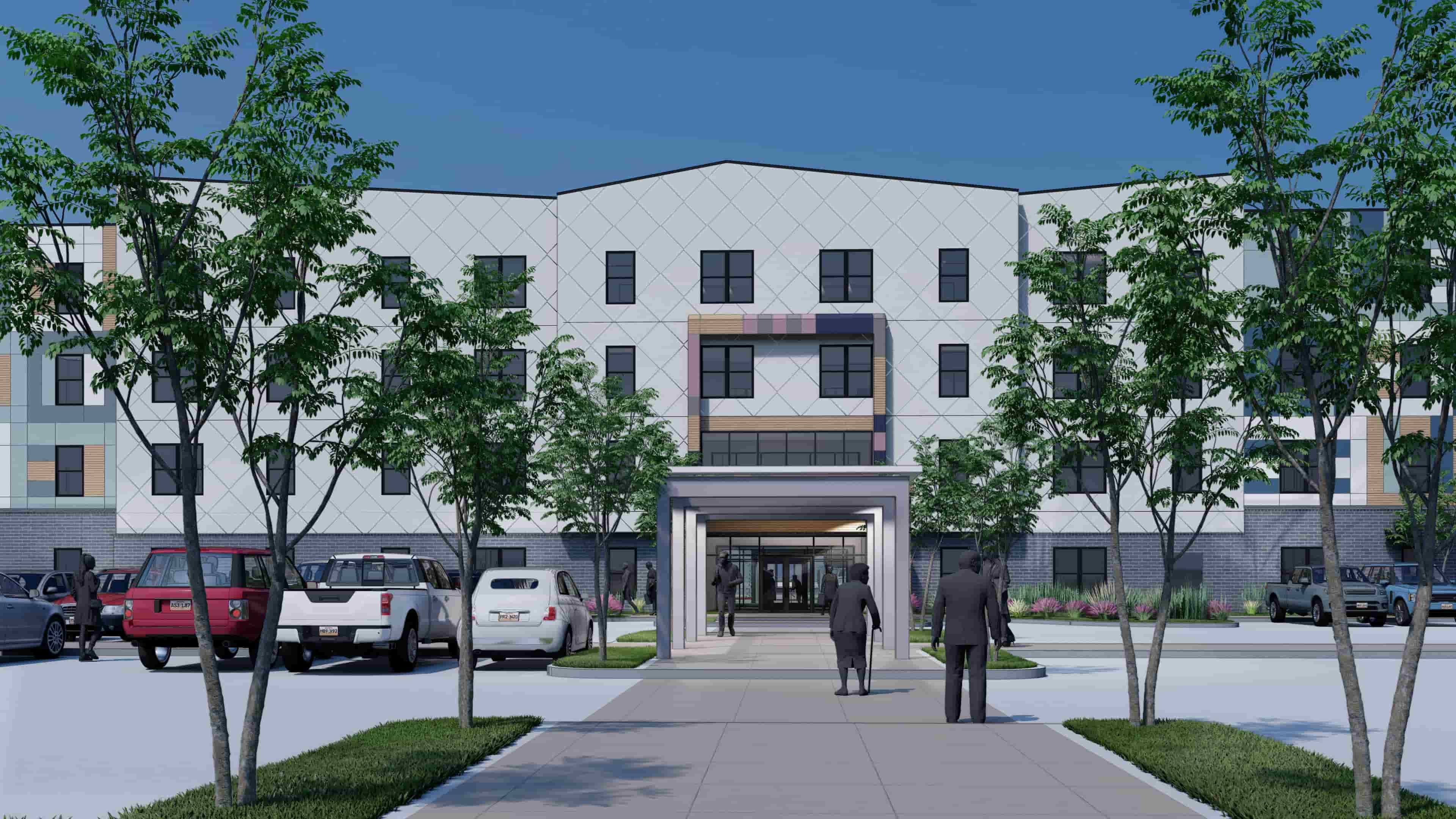 A wide, tree-lined entry path leads to the main entrance of a sleek, modern apartment building with geometric facade details.