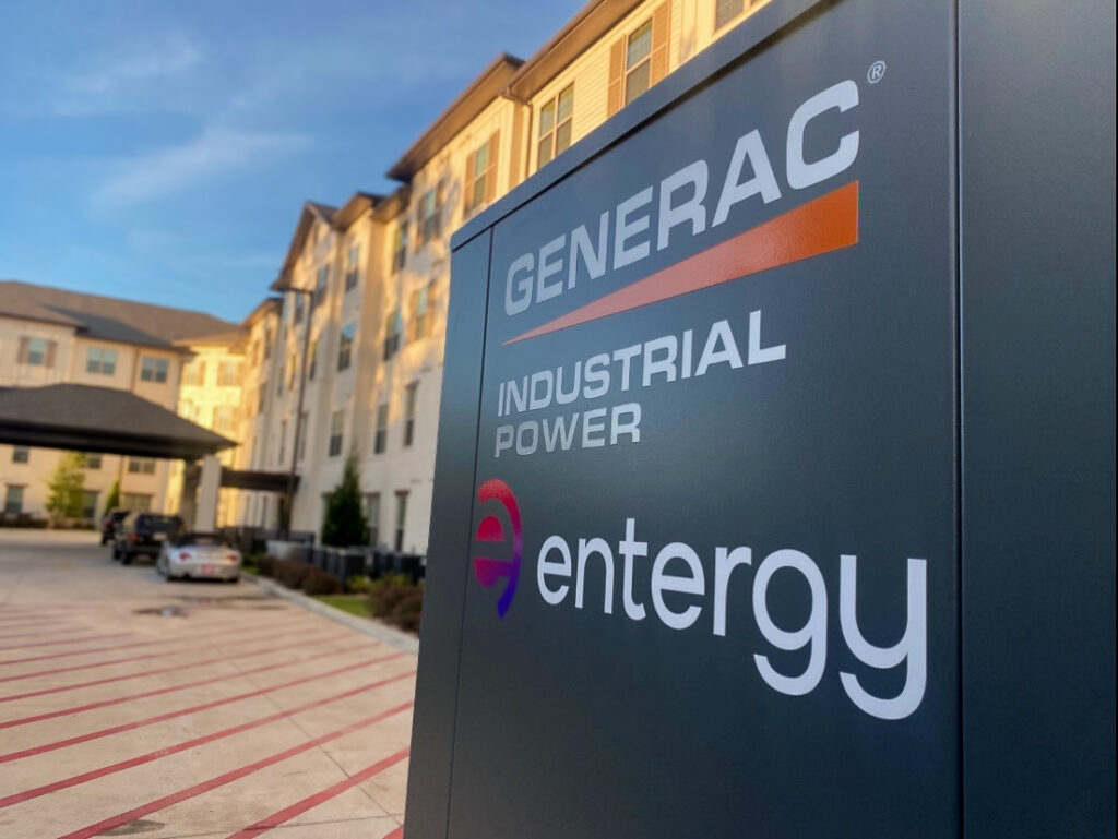 Generac and Entergy signage in front of a new industrial facility.