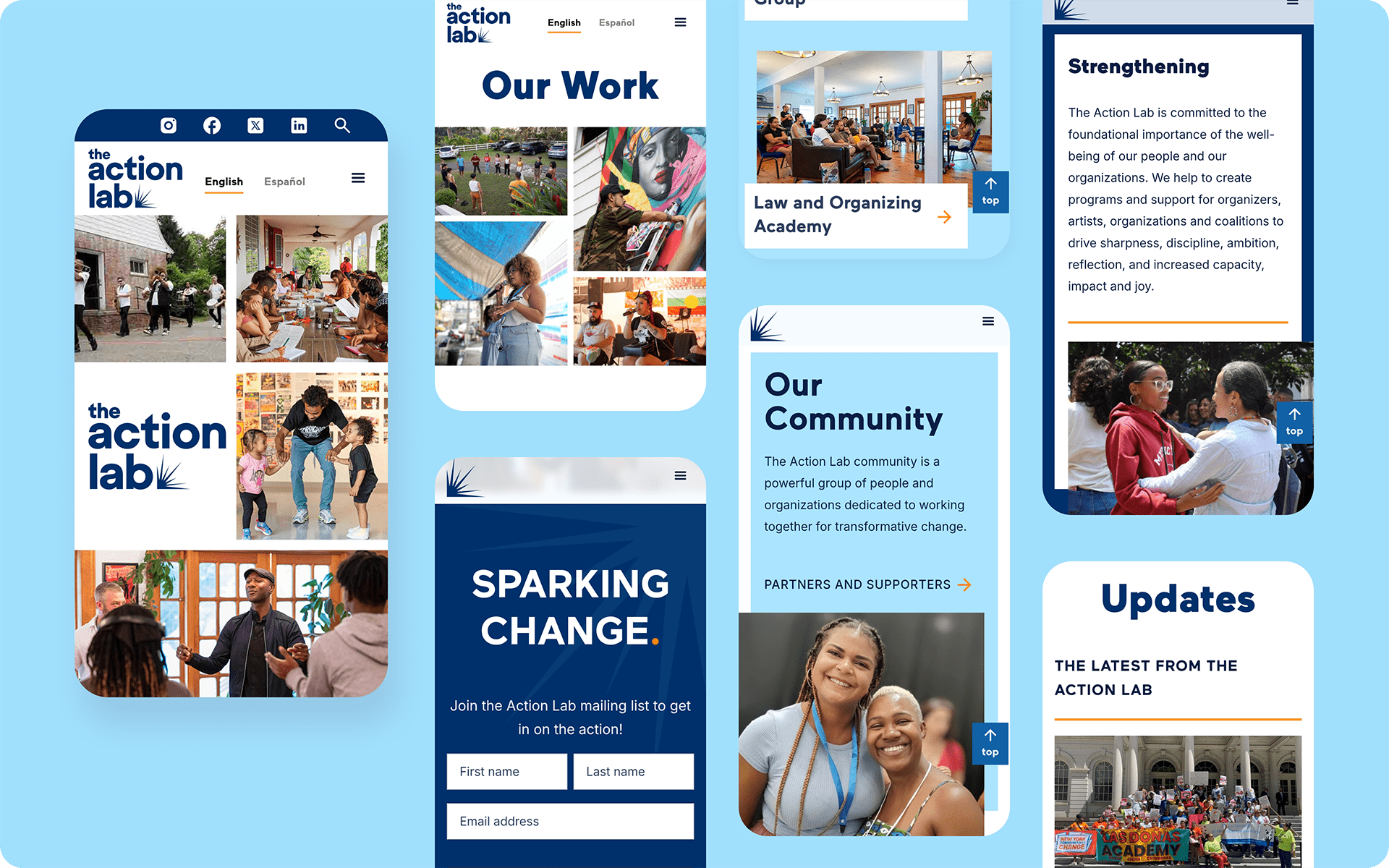 Mobile views of many pages including home, Our Work, About, and Updates,