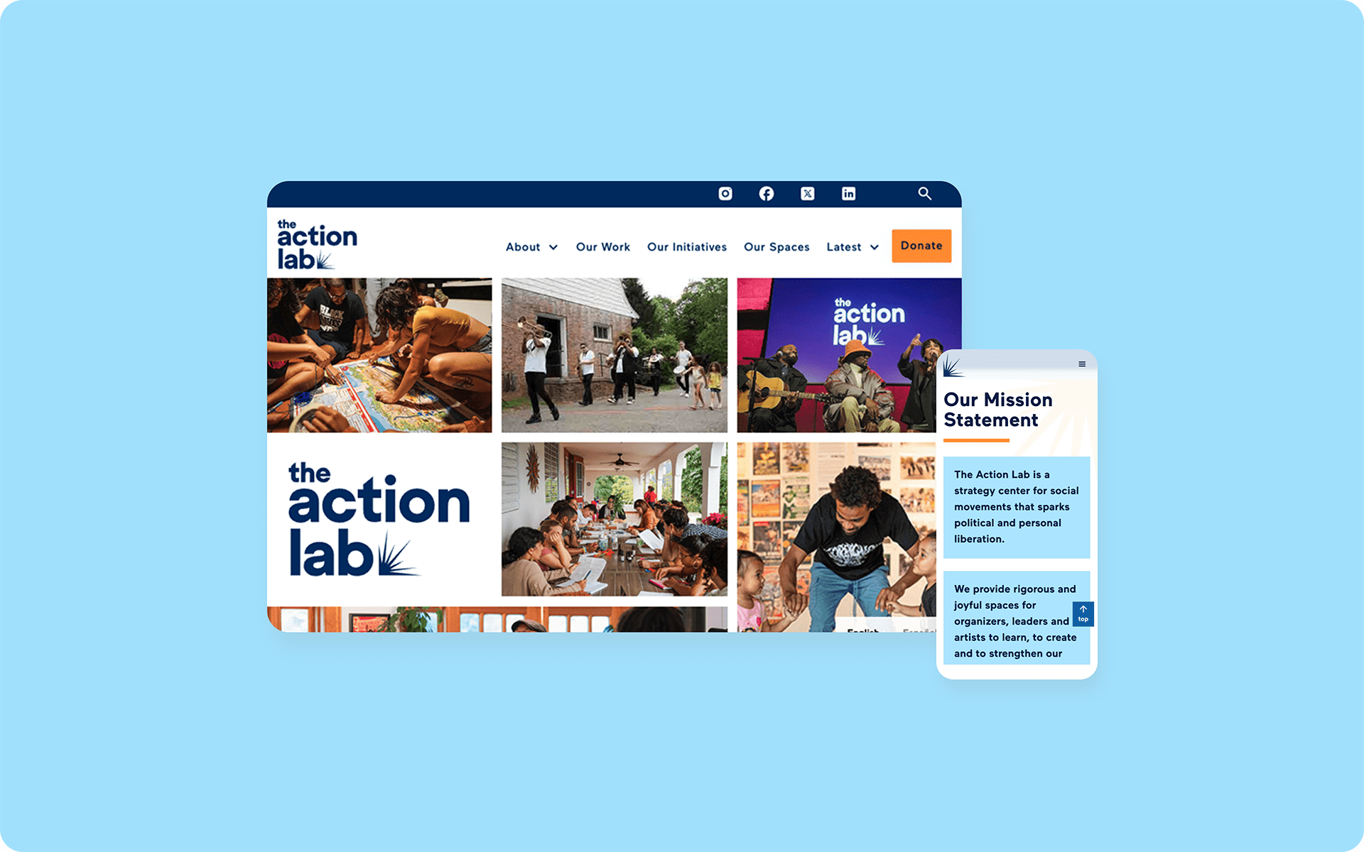 Desktop view of homepage featuring photo grid and Action Lab logo, and mobile view of the mission statement