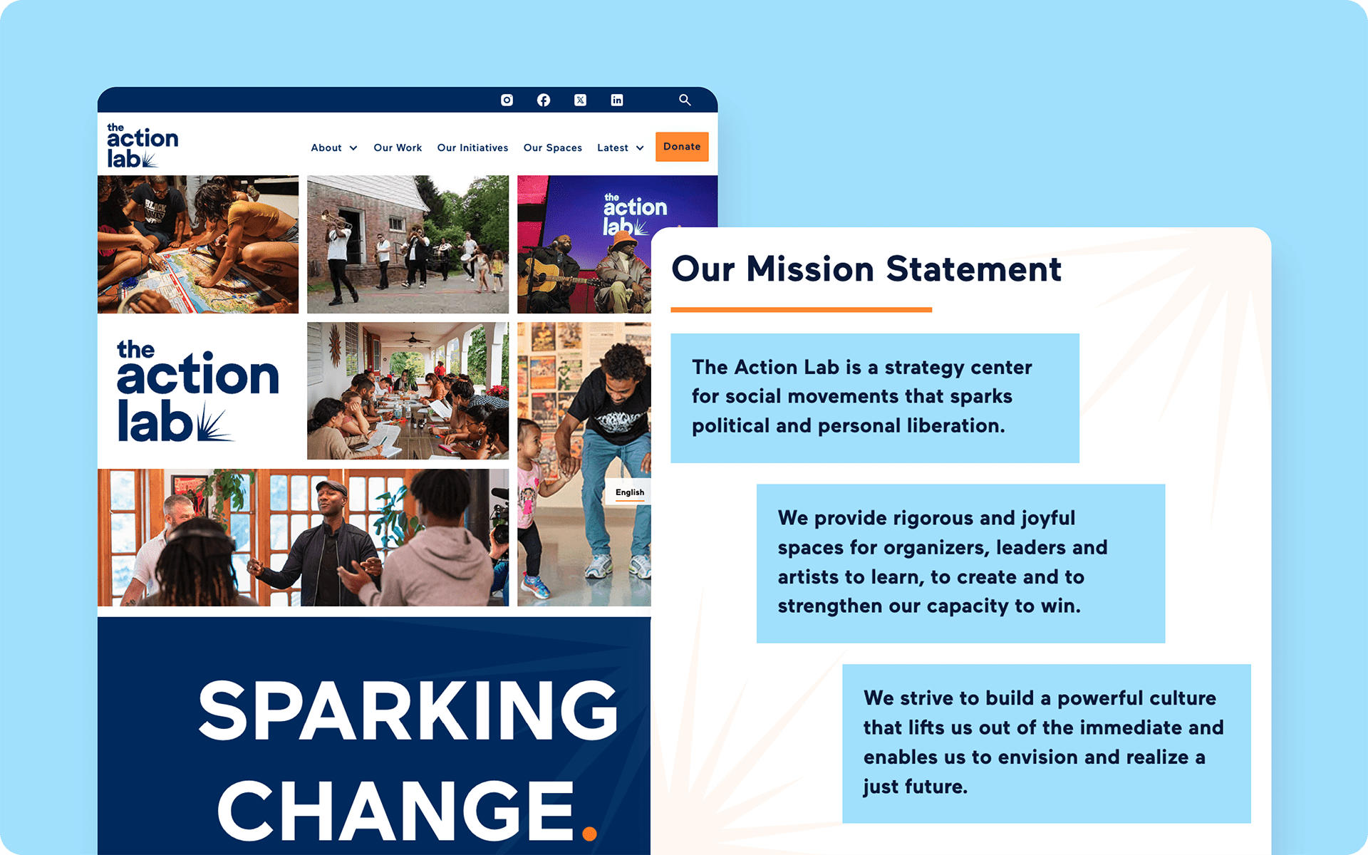 Desktop views of homepage showing photo grid, and mission statement text