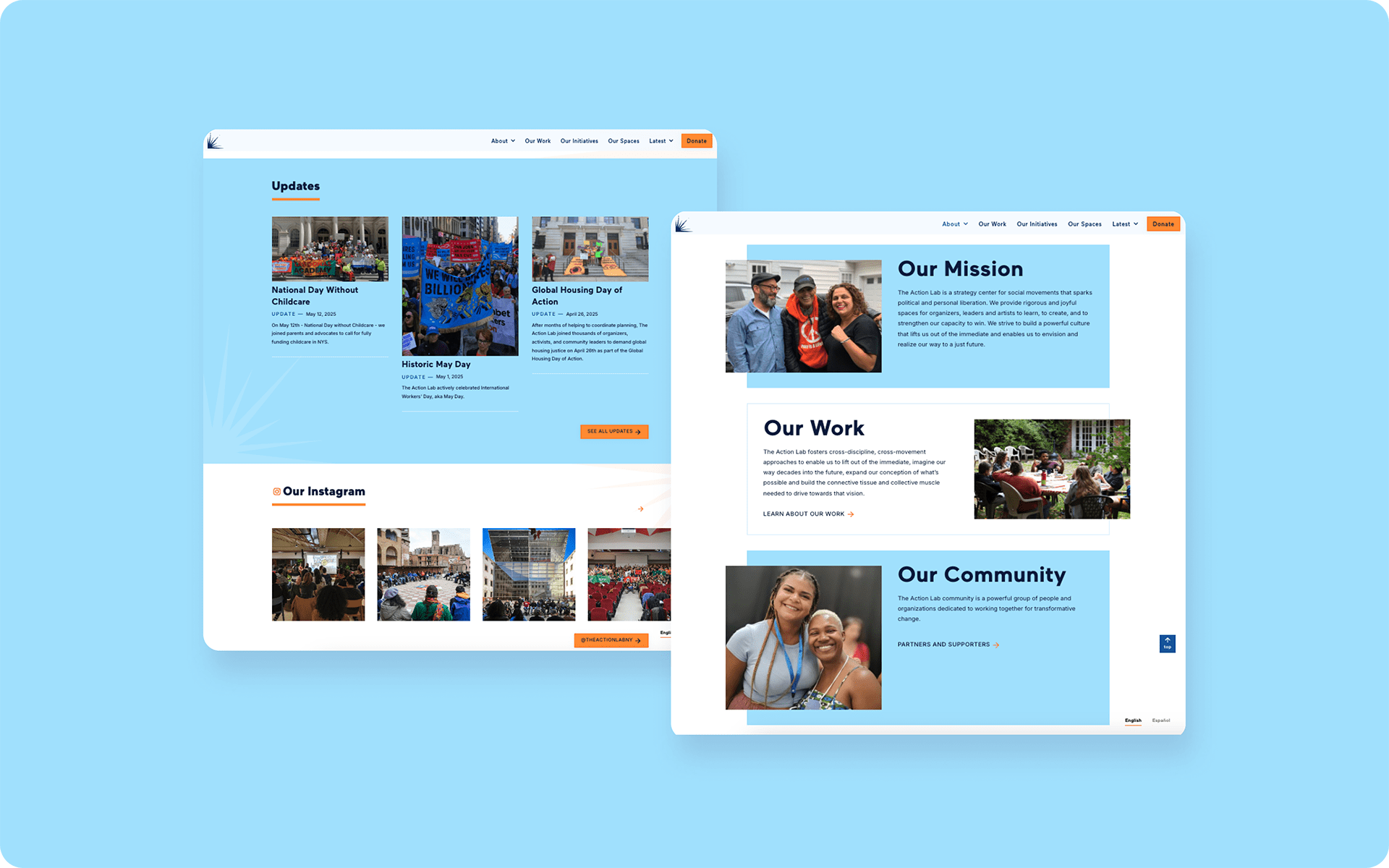Desktop views of homepage with dynamic content feeds and About page with highlighted mission, work, and community sections