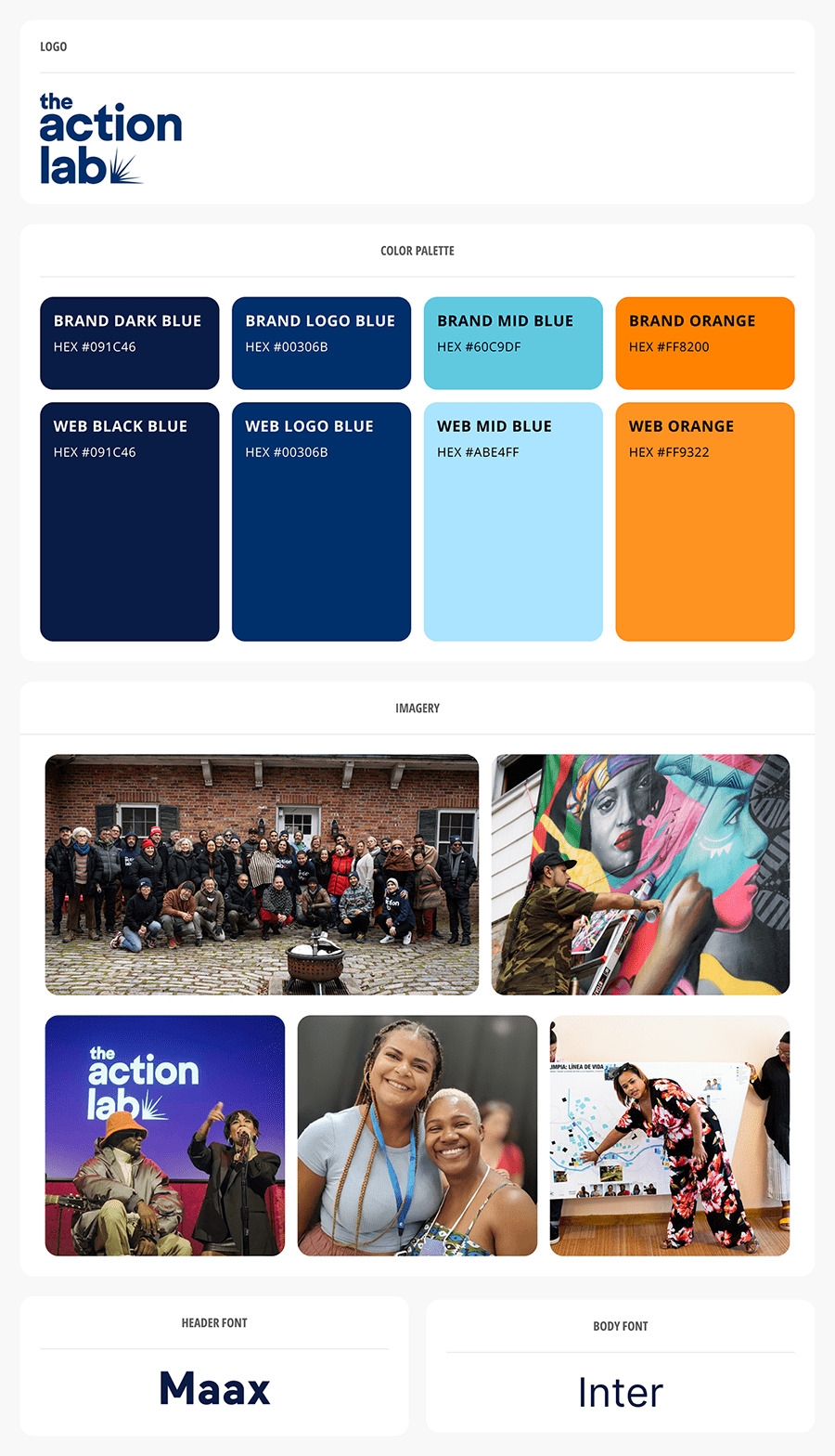 Style guidelines showing logo, color palette, sample imagery, and fonts
