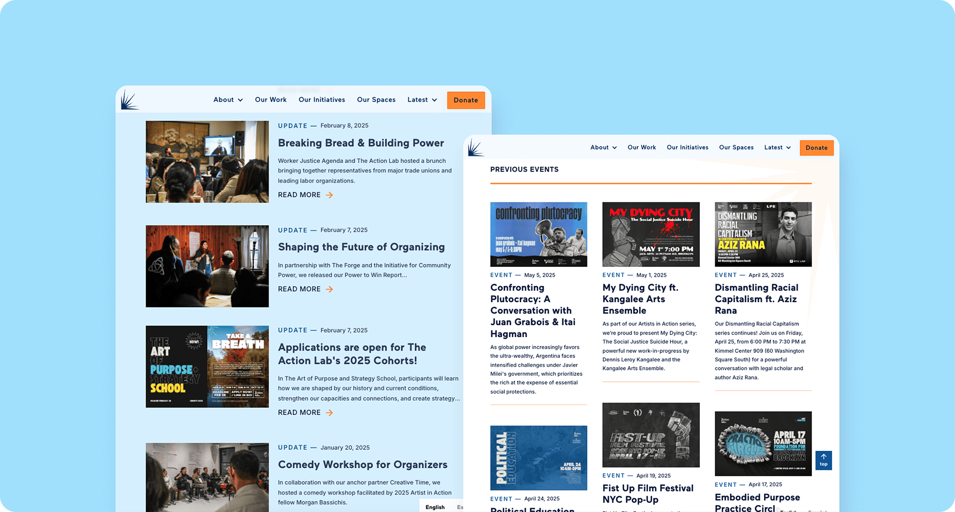 Desktop views of dynamic content lists on Updates and Events pages
