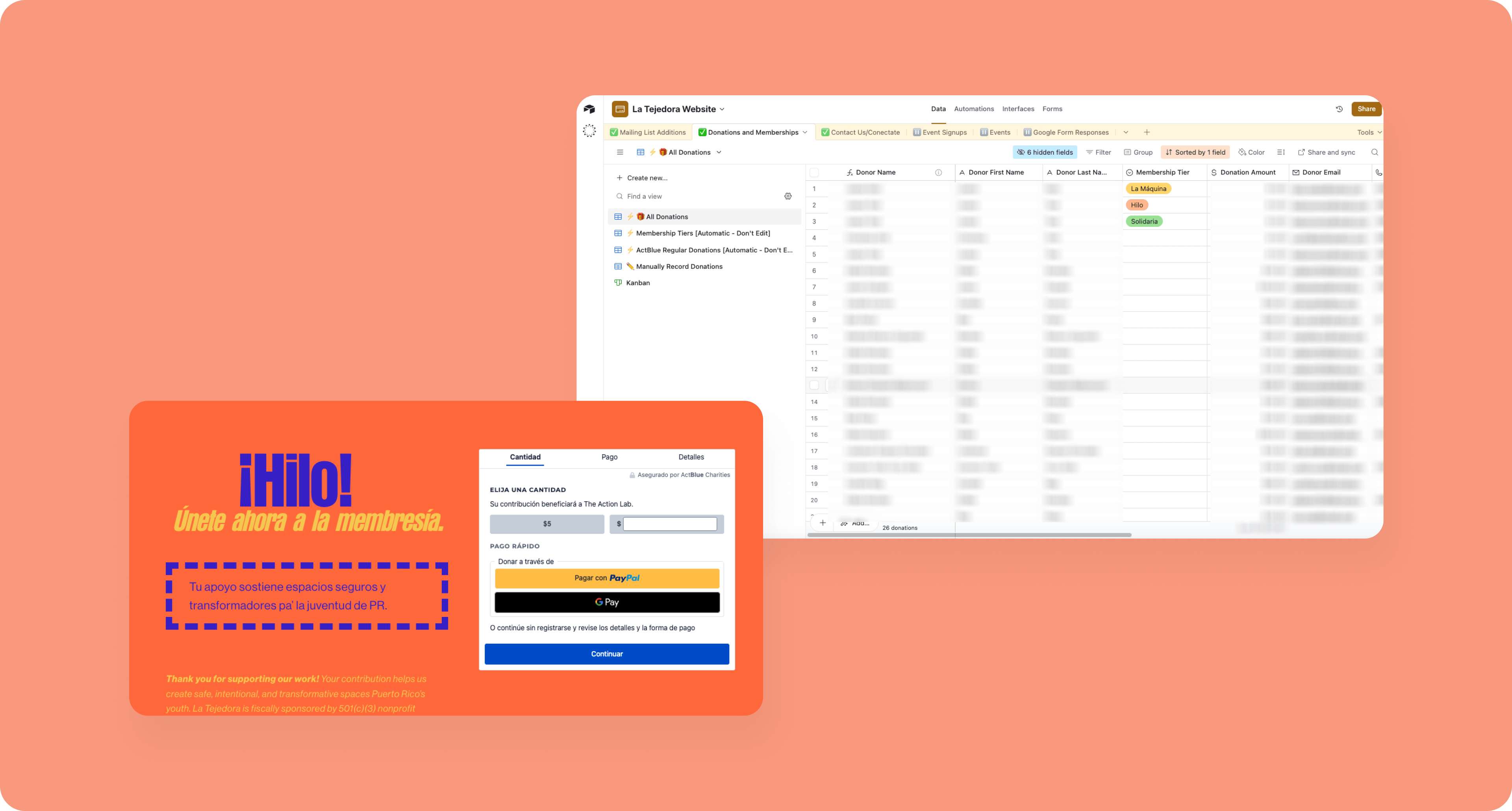 A web page with an embedded donation form for the "hilo" membership, and an airtable database with donors tagged with membership tiers