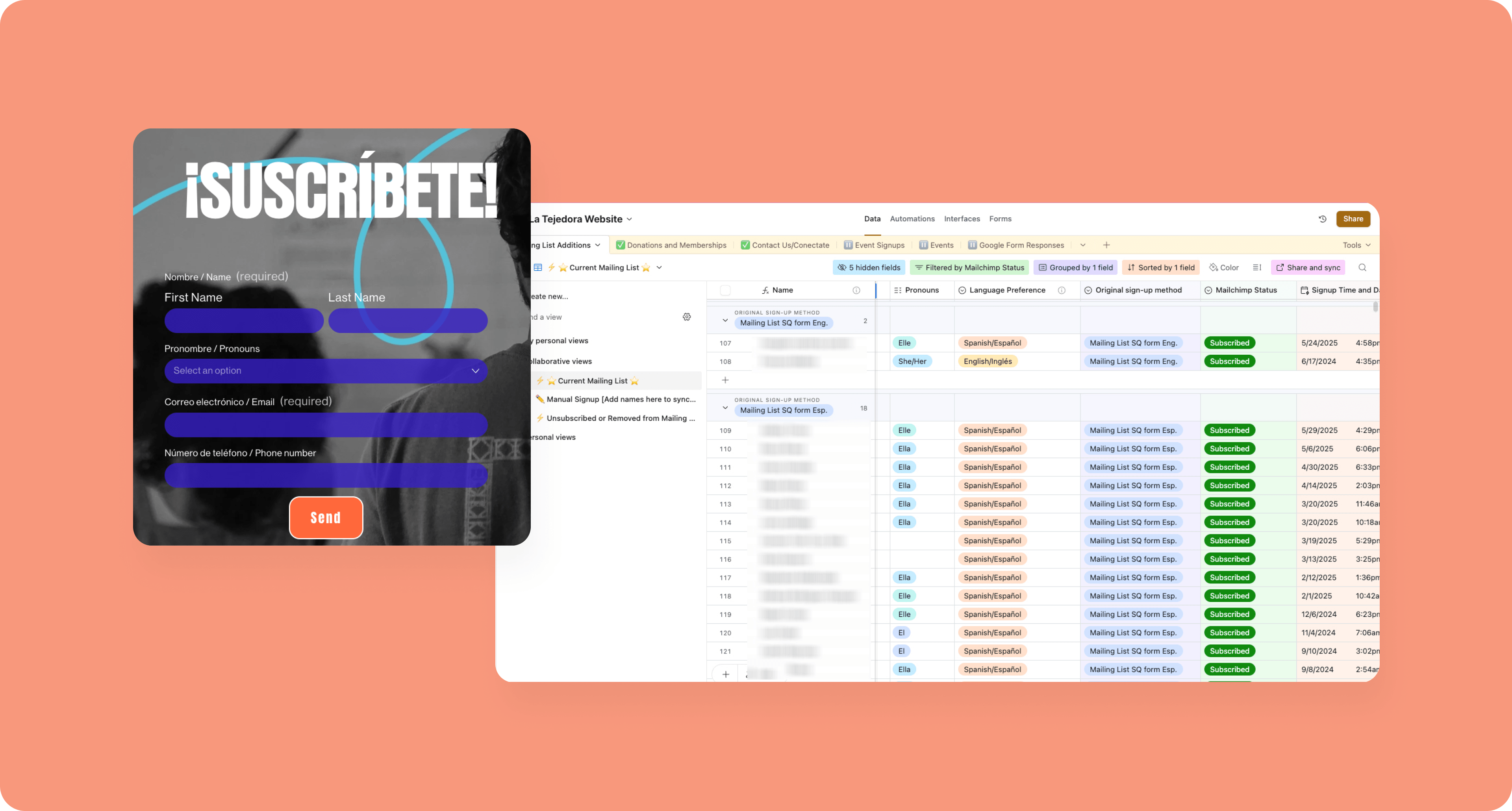 A Spanish language mailing list signup form, and an Airtable database of contacts, grouped by signup source