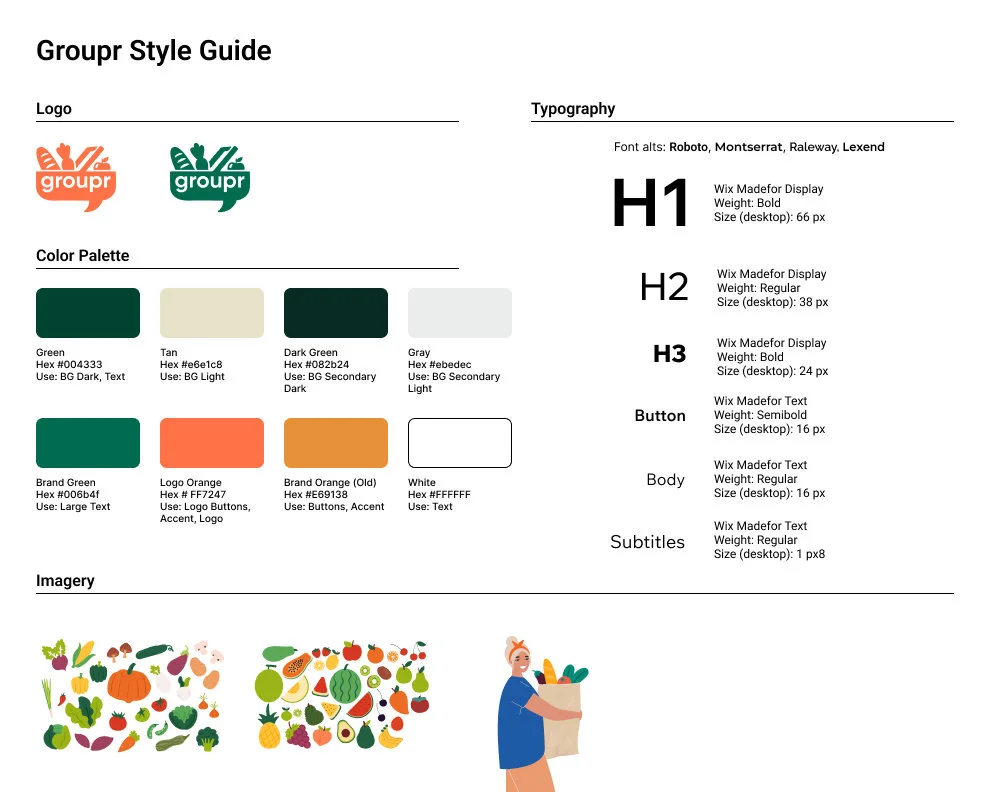 Style guide showing logo variations, color palette with hex values, typography scale, and illustration examples