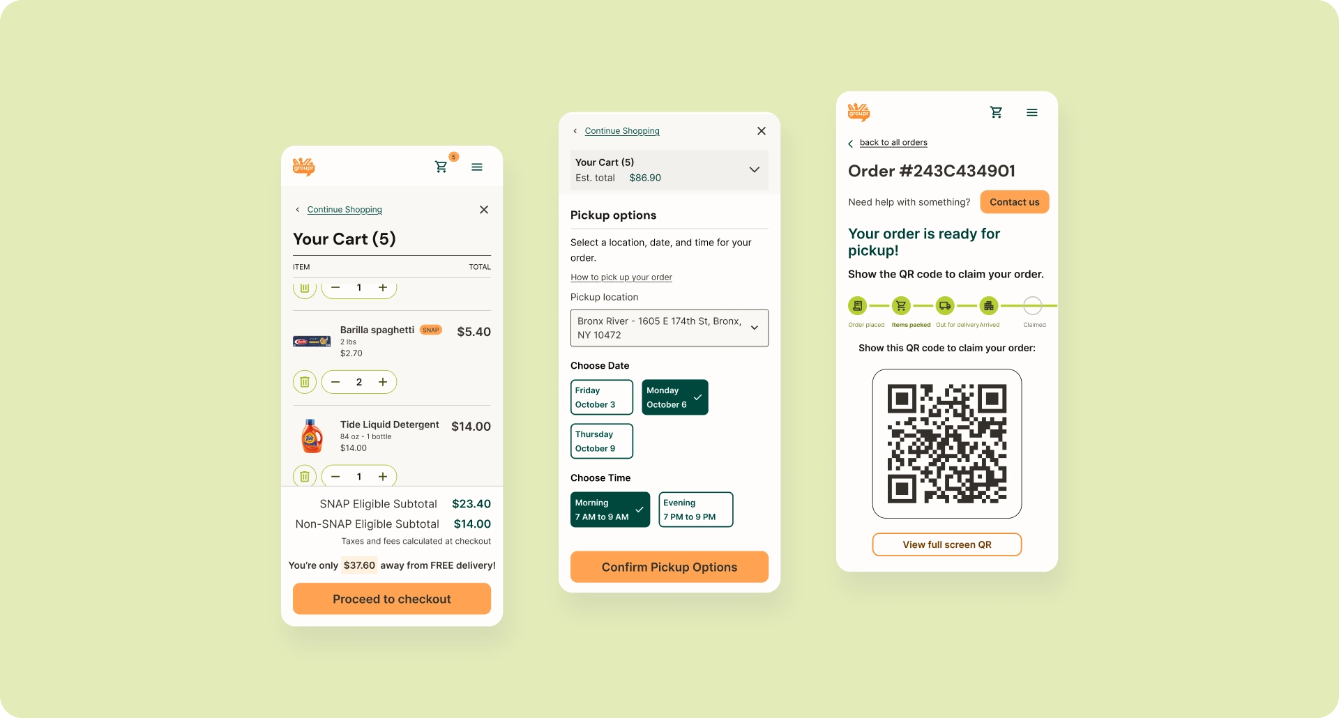 Cart with SNAP and non-SNAP subtotals, pickup date and time selection, and QR code for order pickup