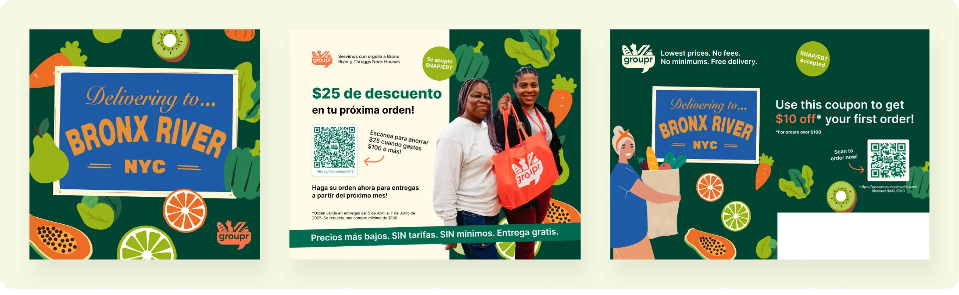 Flyers with promotional offers, QR codes, and messaging about grocery delivery in Bronx River NYC