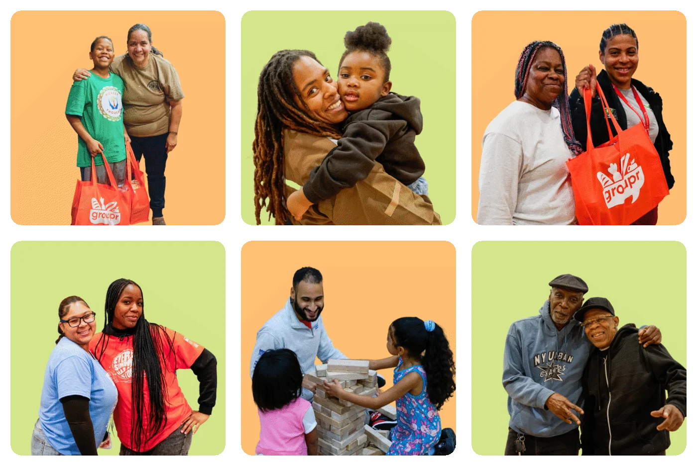 Collage of residents posing and interacting while holding Groupr grocery bags