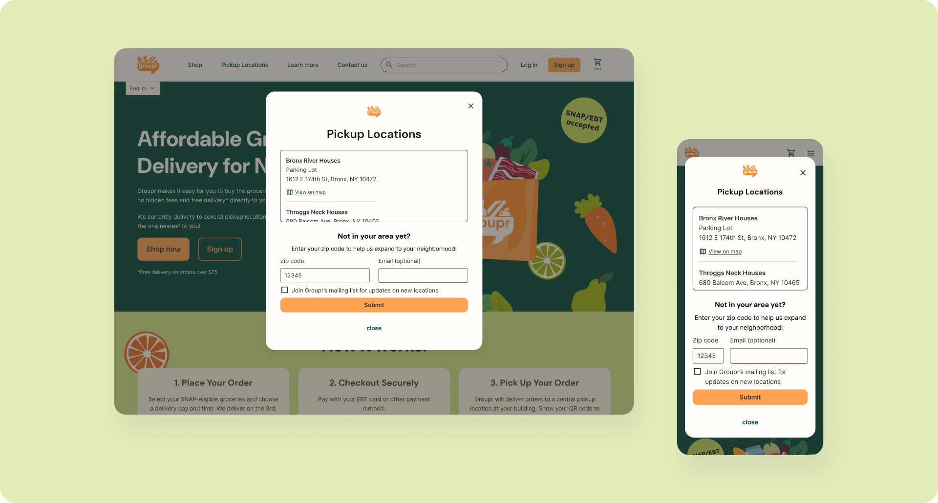 Modal showing pickup location options with addresses and form to enter zip code for new location requests on desktop and mobile