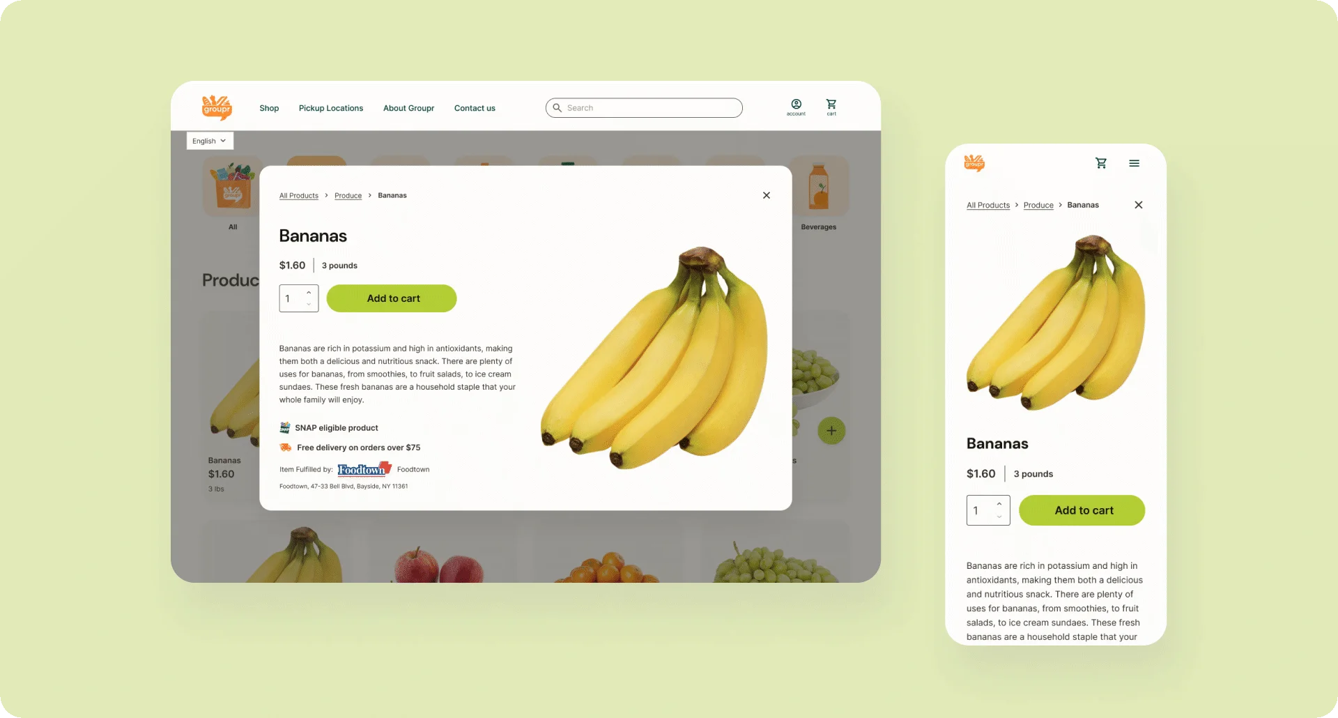 Product detail view for bananas showing price, quantity selector, add-to-cart button, SNAP eligibility, and item description