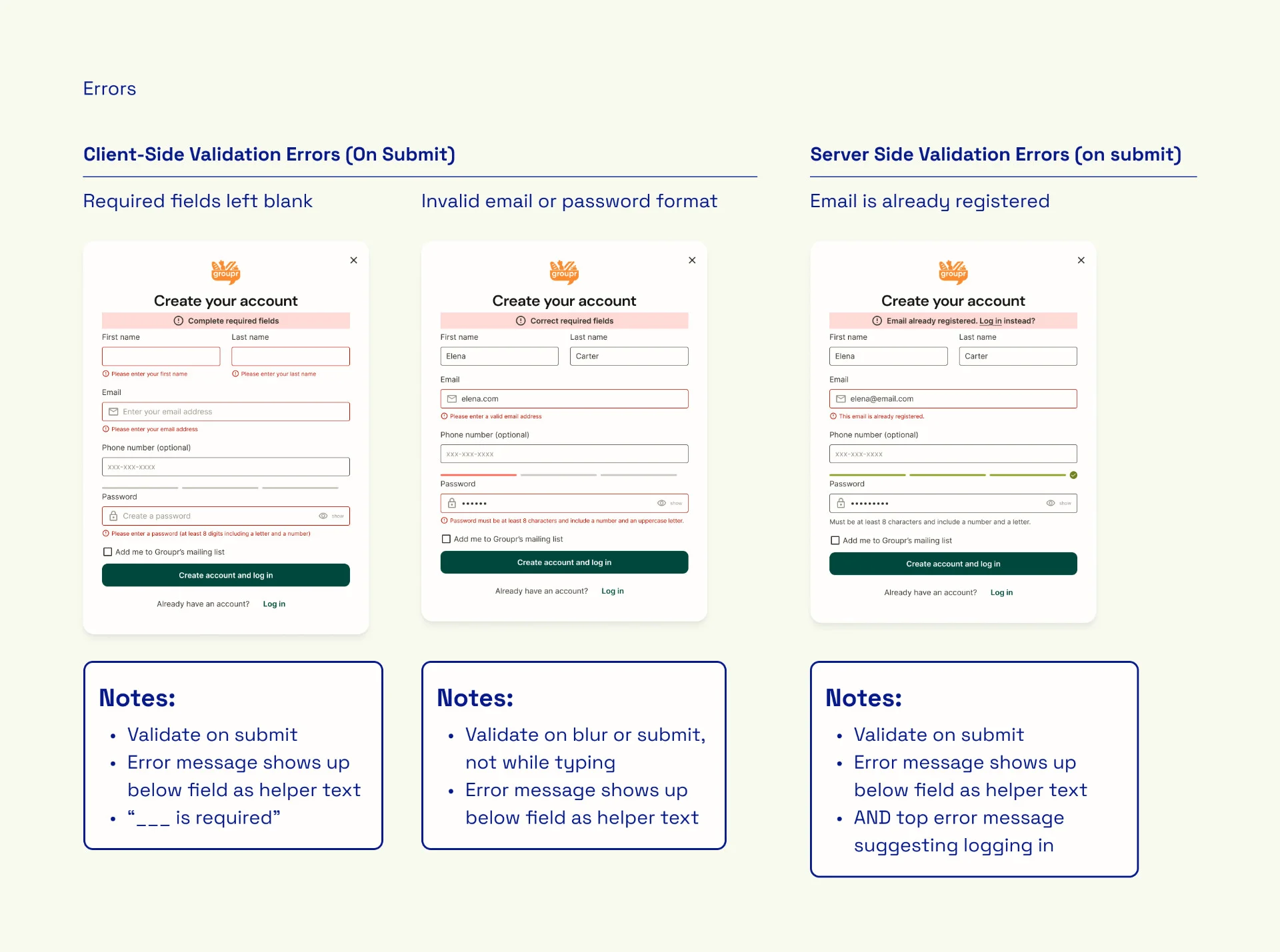 Account creation form showing error states for missing fields, invalid email format, and already registered email with inline messages