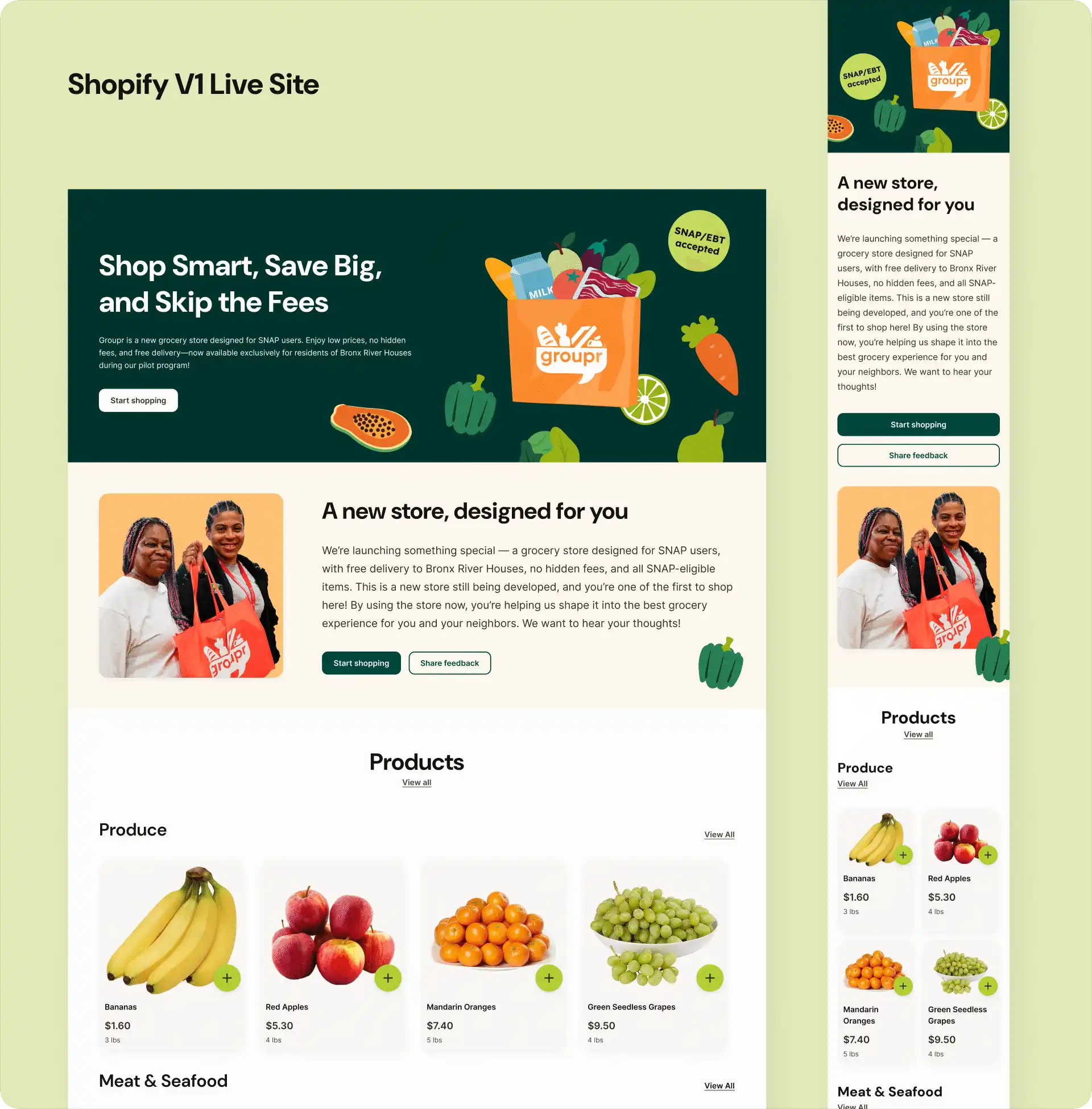 Desktop and mobile storefront layouts showing grocery homepage with product listings, promotional messaging, and navigation