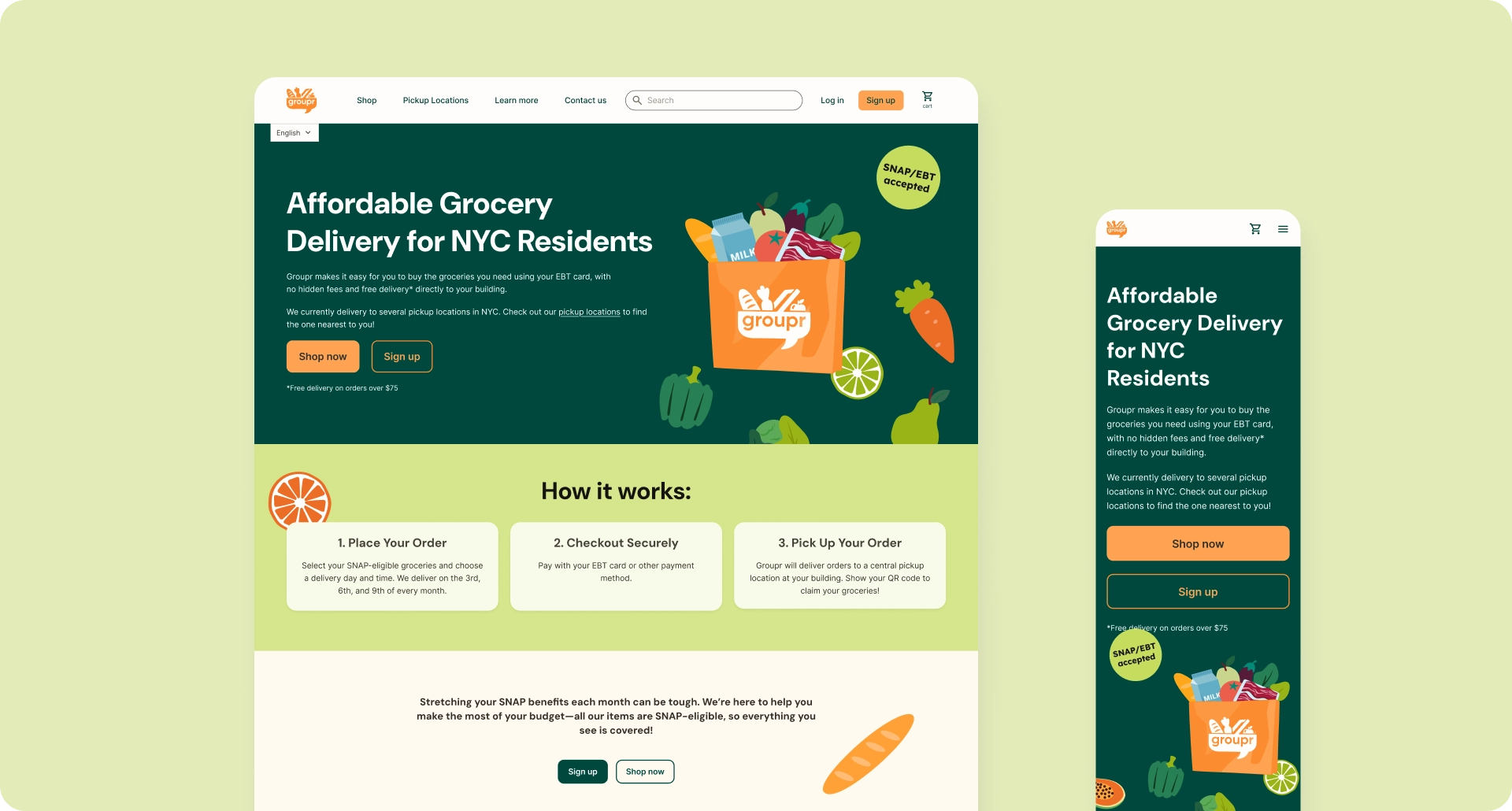 Landing page with headline about affordable grocery delivery, call-to-action buttons, and three-step explanation of how ordering and pickup works