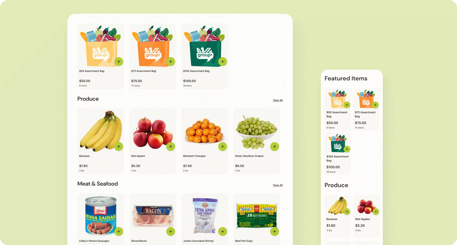 Product listing pages showing assortment bundles and grocery categories with item images, prices, and add-to-cart buttons