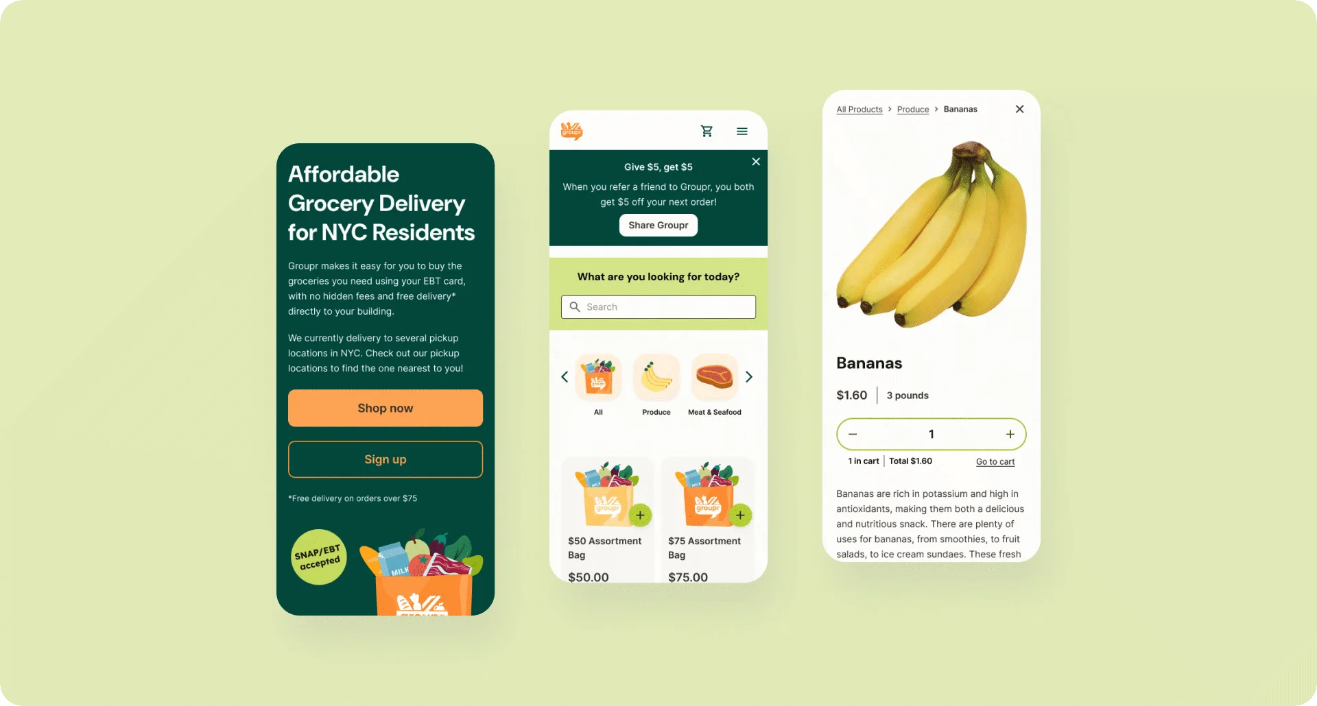 Mobile screens showing search, category navigation, and product detail with quantity selector and price