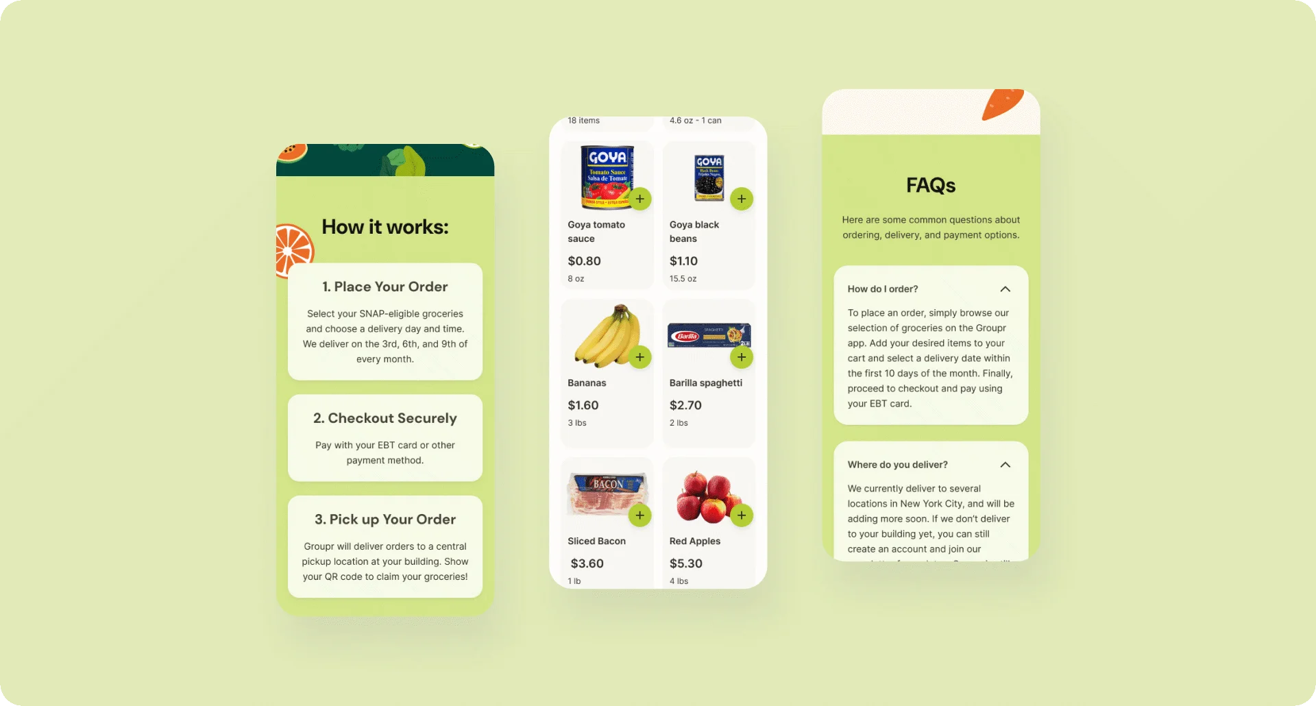 Mobile screens showing how ordering works steps, product grid with prices, and FAQ accordion content