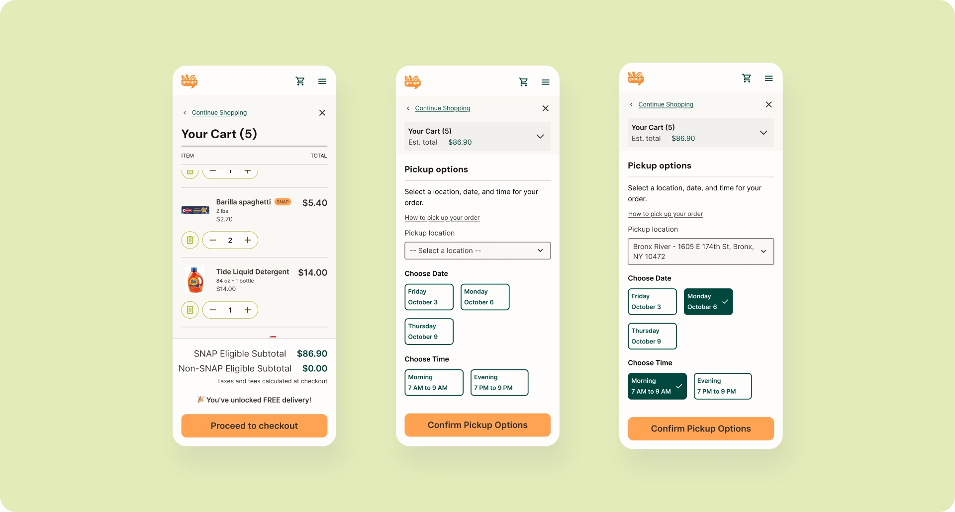 Cart screen with items and totals alongside pickup selection interface showing location, date, and time options