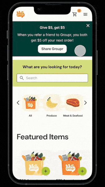 Mobile flow showing selecting an item, adding to cart, choosing pickup date and time, and confirming an order