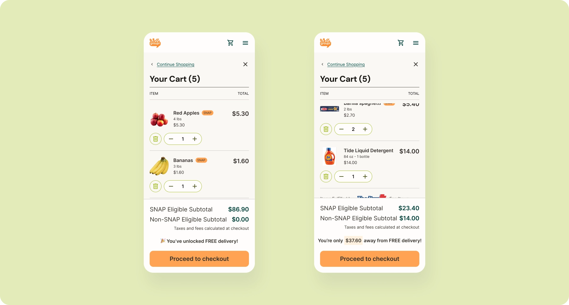 Two cart views comparing all SNAP-eligible items versus a mixed cart with SNAP and non-SNAP subtotals and messaging