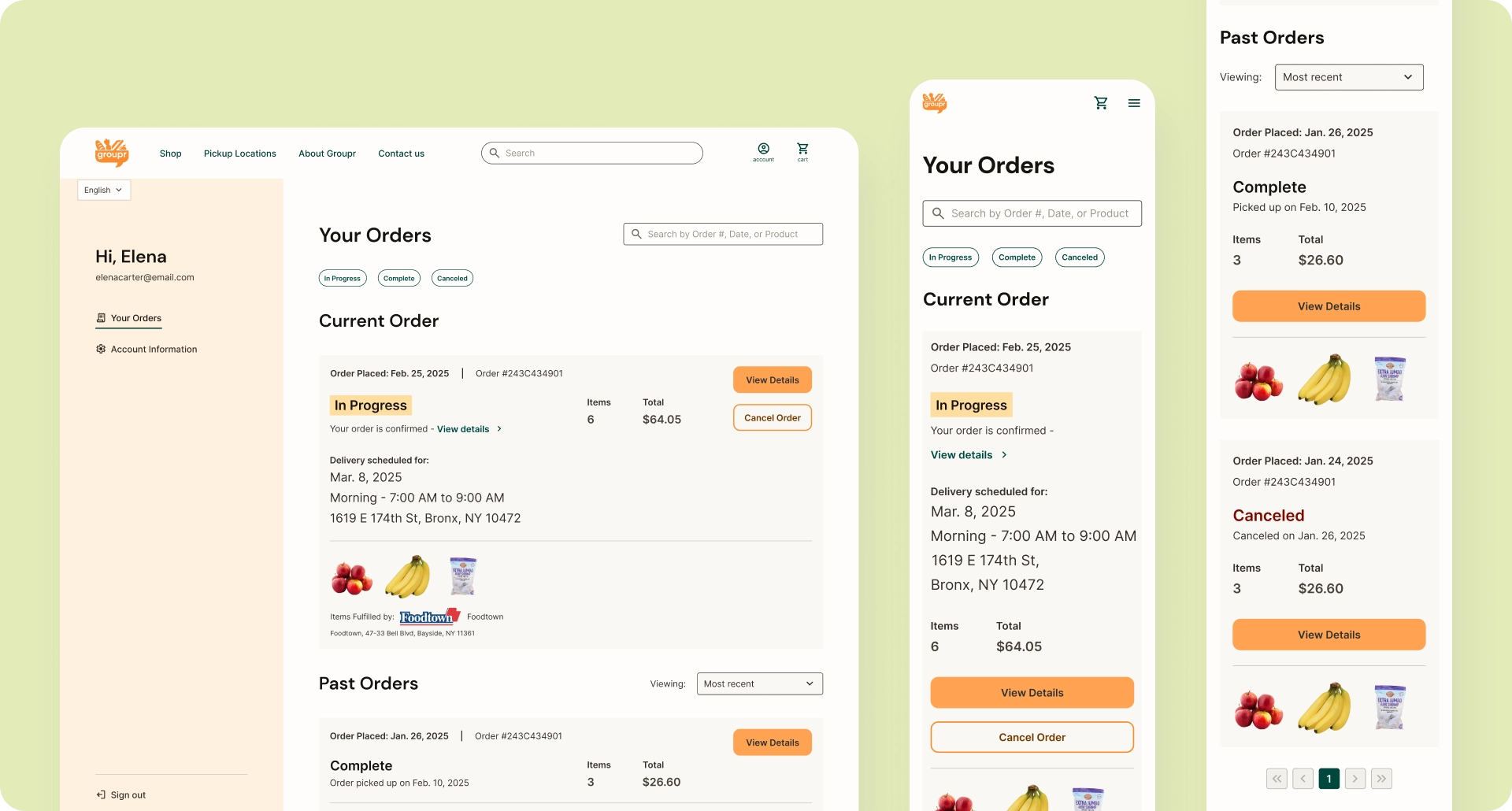 Order history screens showing current order in progress and past orders with different statuses such as complete and canceled