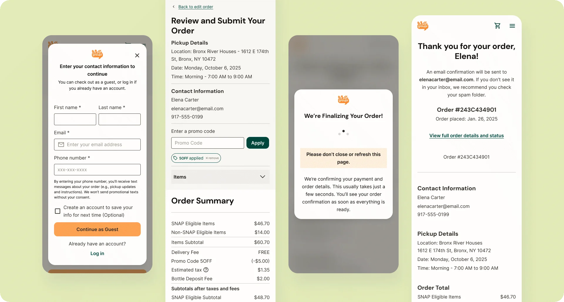 Checkout screens showing contact information form, order summary with promo code, loading state during processing, and final order confirmation
