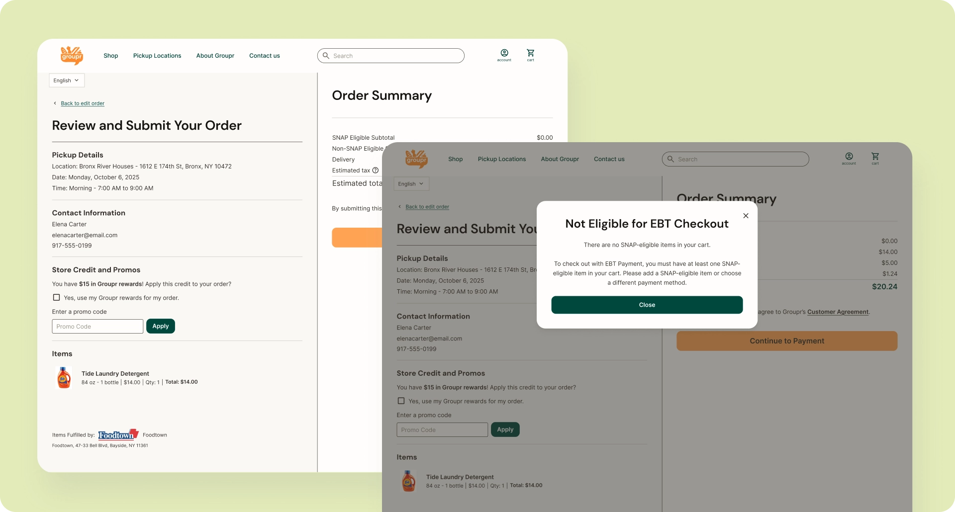 Checkout screen with modal explaining that no SNAP-eligible items are in the cart and EBT payment cannot be used