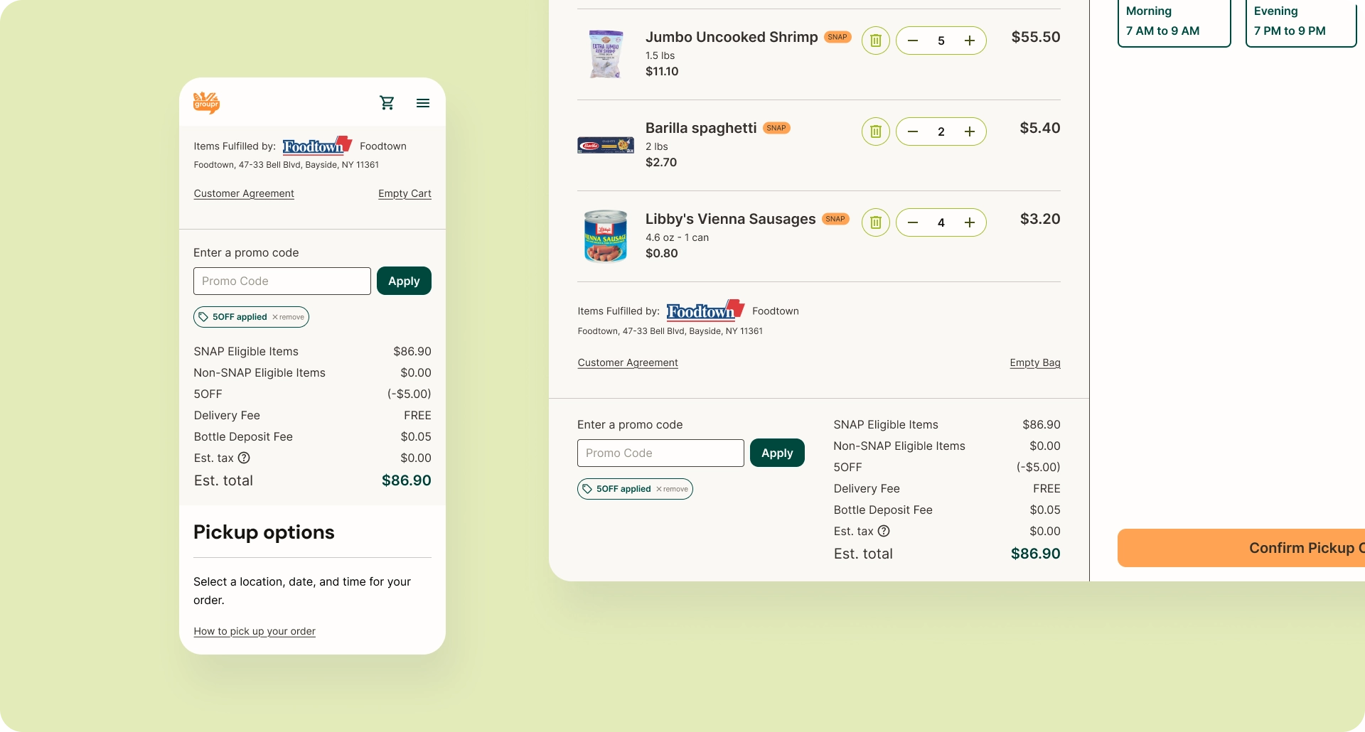 Checkout screen with itemized pricing including SNAP eligible subtotal, non-SNAP subtotal, promo discount, delivery fee, and taxes