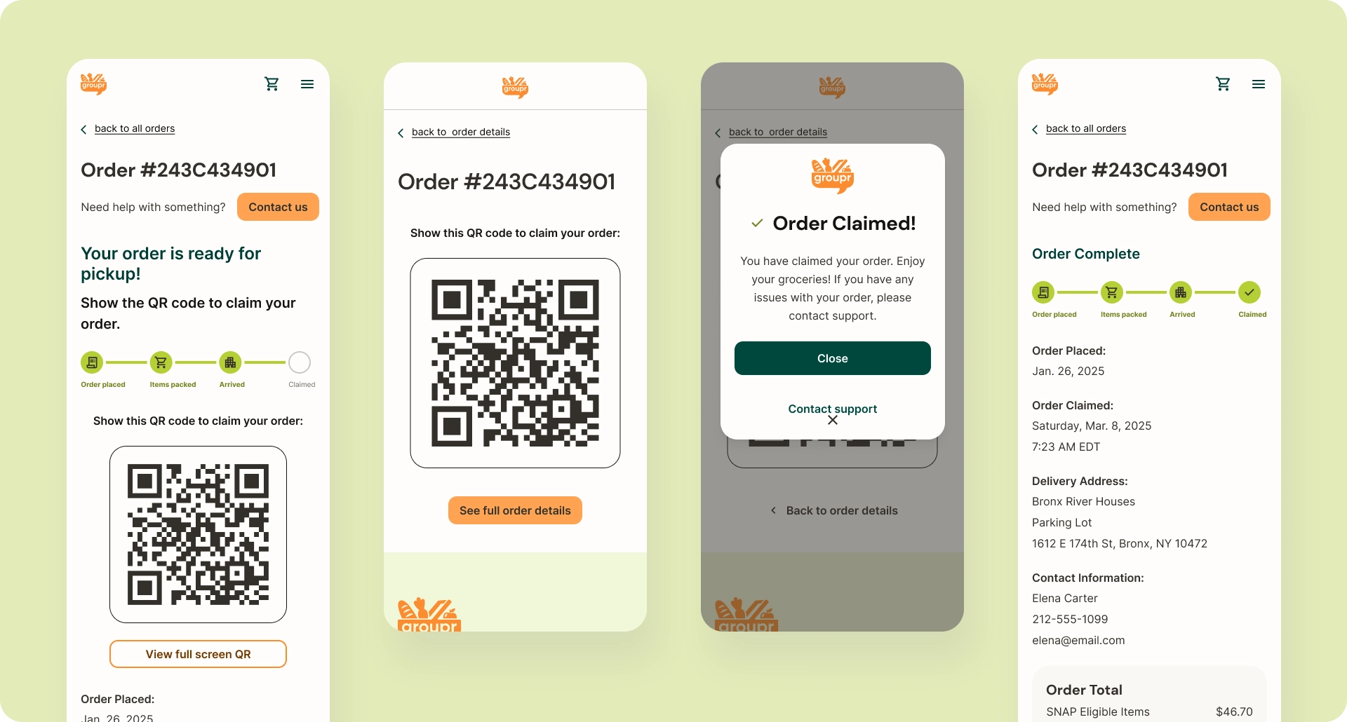 Sequence showing order ready for pickup with QR code, scanning flow, confirmation modal, and completed order state