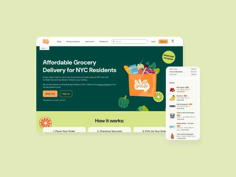 Homepage mockup for Groupr grocery delivery, promoting affordable NYC delivery with EBT/SNAP accepted.