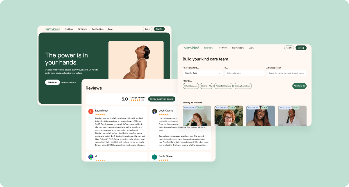 Birthkind homepage, provider profile with Google reviews, and provider directory with search and filter