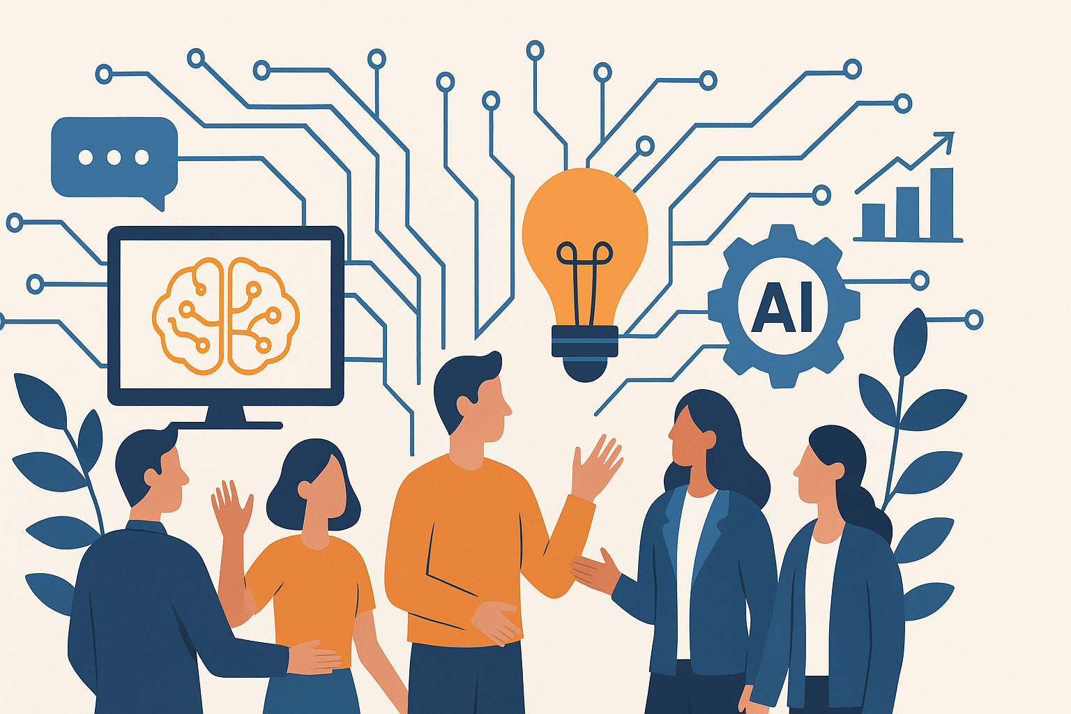 a group of people around a lightbulb and a cog that says AI