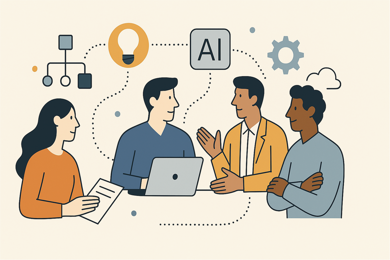 people sitting around a computer thinking about AI