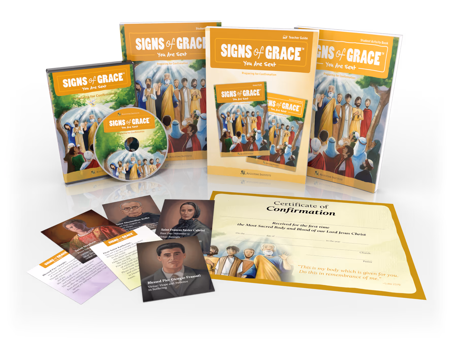 A Catholic Confirmation preparation kit titled 'Signs of Grace: You Are Sent.' The set includes orange-labeled Teacher Guide and Student Activity Book, both featuring an illustration of Jesus sending forth His disciples among a crowd. A matching DVD case and disc with the same artwork are present. Several saint cards with portraits and brief biographies are included, highlighting figures like Saint Maximilian Kolbe, Saint Frances Xavier Cabrini, and Blessed Pier Giorgio Frassati. The kit also contains a yellow-edged 'Certificate of Confirmation' with spaces to fill in the recipient’s name, date, church, and pastor. The certificate includes an image of Jesus and His disciples, along with the Bible verse from Luke 22:19: 'This is my body which is given for you. Do this in remembrance of me.