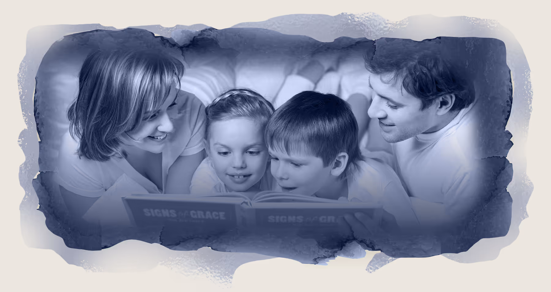 Family with young children reading book titled 'Signs of Grace' together.