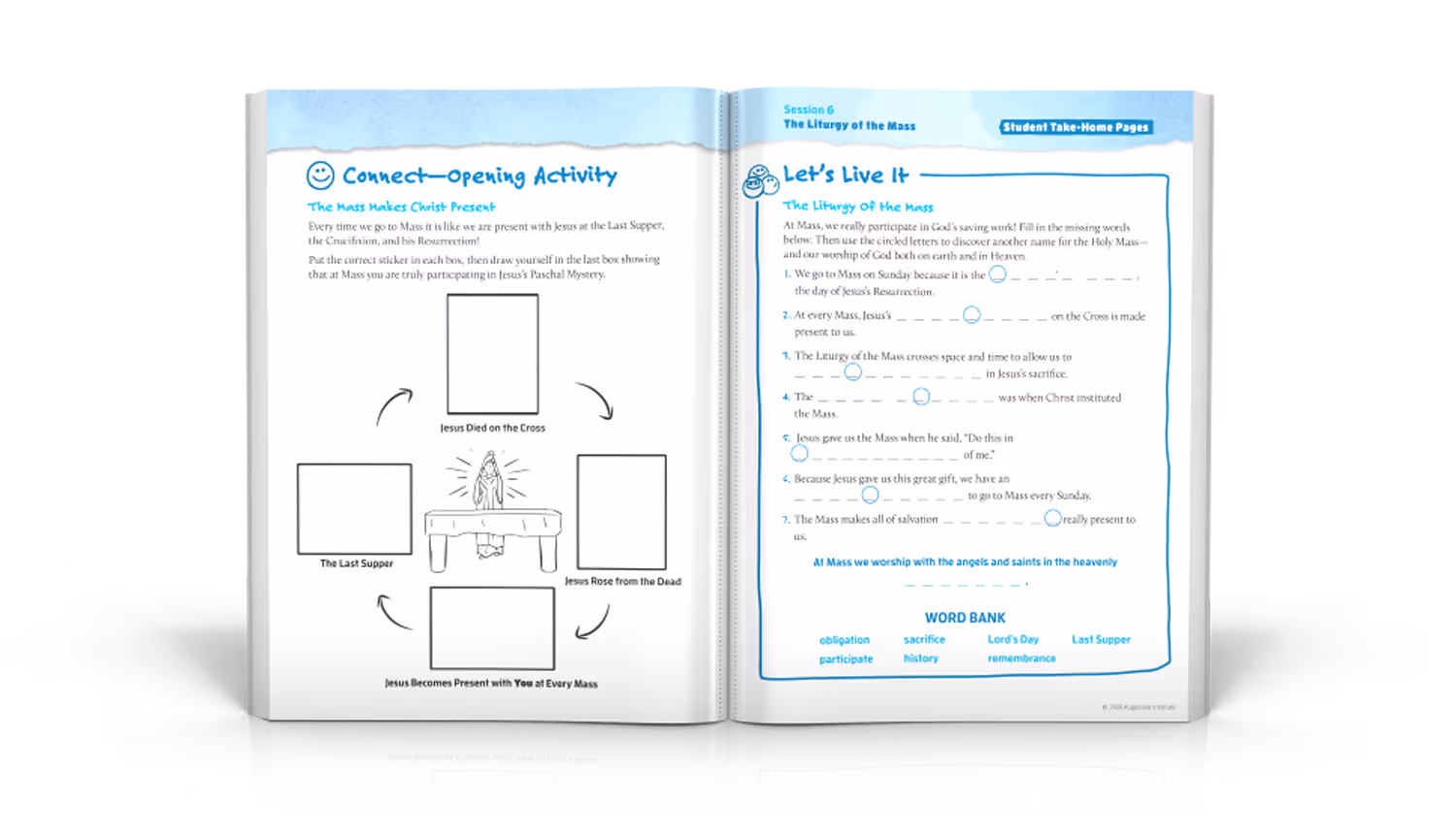 Activity book page spread with workbook activities.