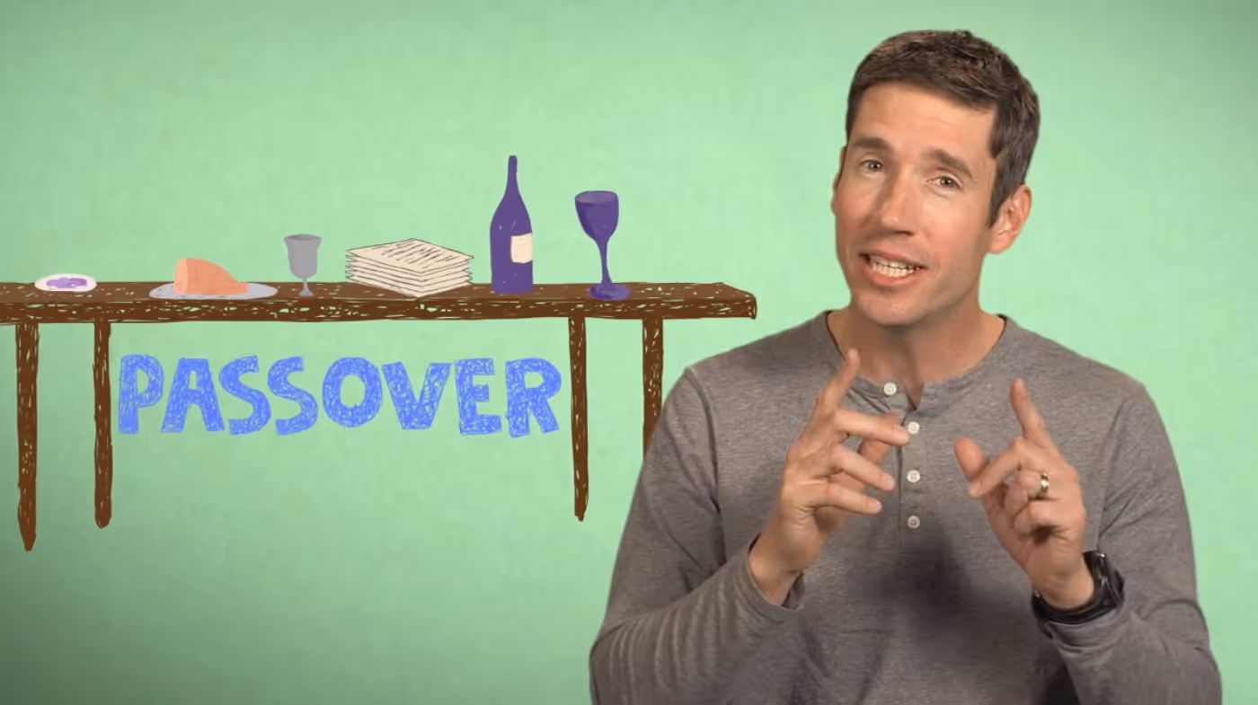 Video thumbnail of Dr. Scott Powell sitting in front of an illustration of a dinner table with text below it reading: PASSOVER.