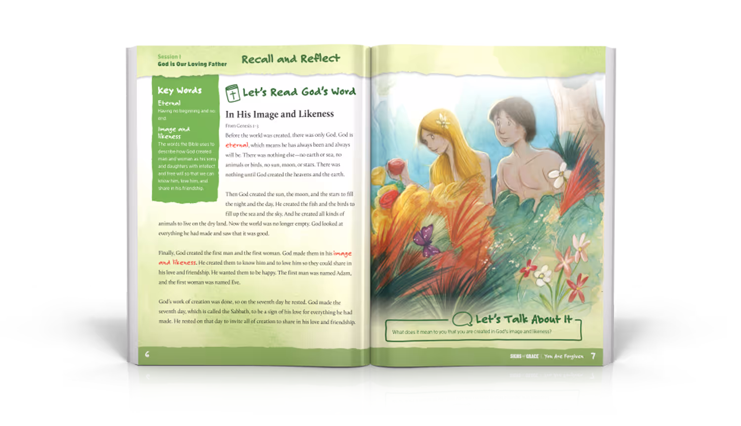 Student guide page spread: Illustration on the right page depicts Adam and Eve in the garden.