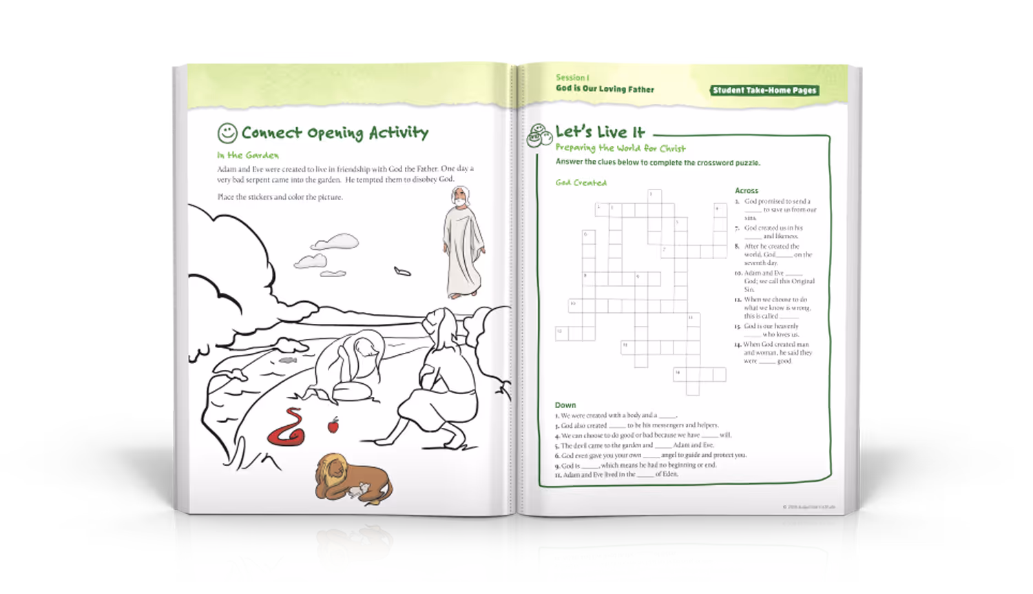 Activity book page spread with workbook activities.