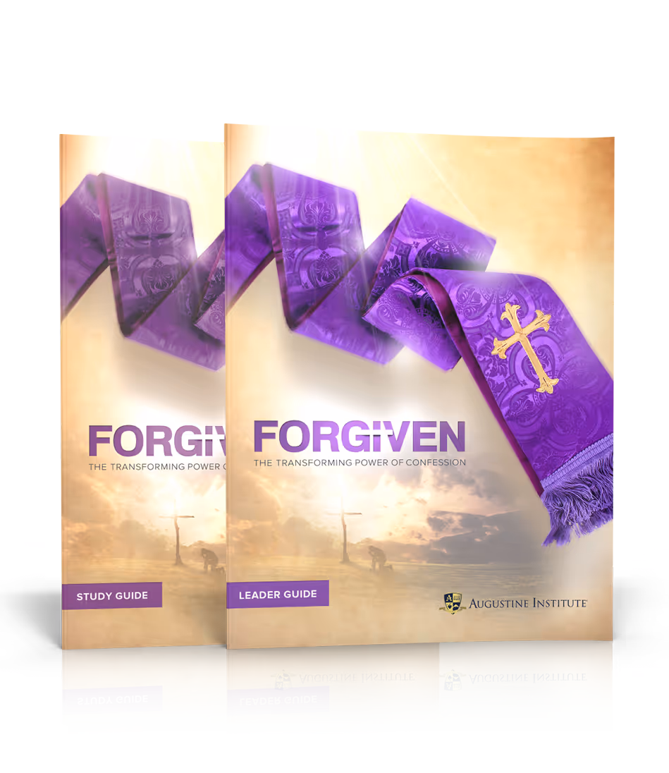 Leader guide with text: FORGIVEN; The Transforming Power of Confession.