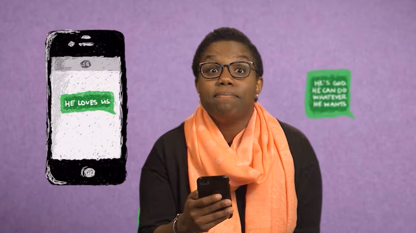 Video thumbnail of Chenele Shaw. To her left is an illustration of a phone with the words ' HE LOVES US' on the screen.