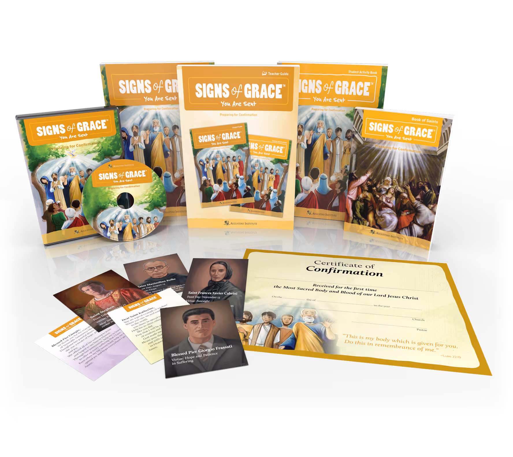 A Confirmation preparation kit titled 'Signs of Grace: You Are Sent.' The set includes yellow-labeled teacher and student guides. A matching DVD case and disc are also included. The kit also contains saint cards, and a blue 'Certificate of First Holy Communion' with space to fill in the child's name and church details.